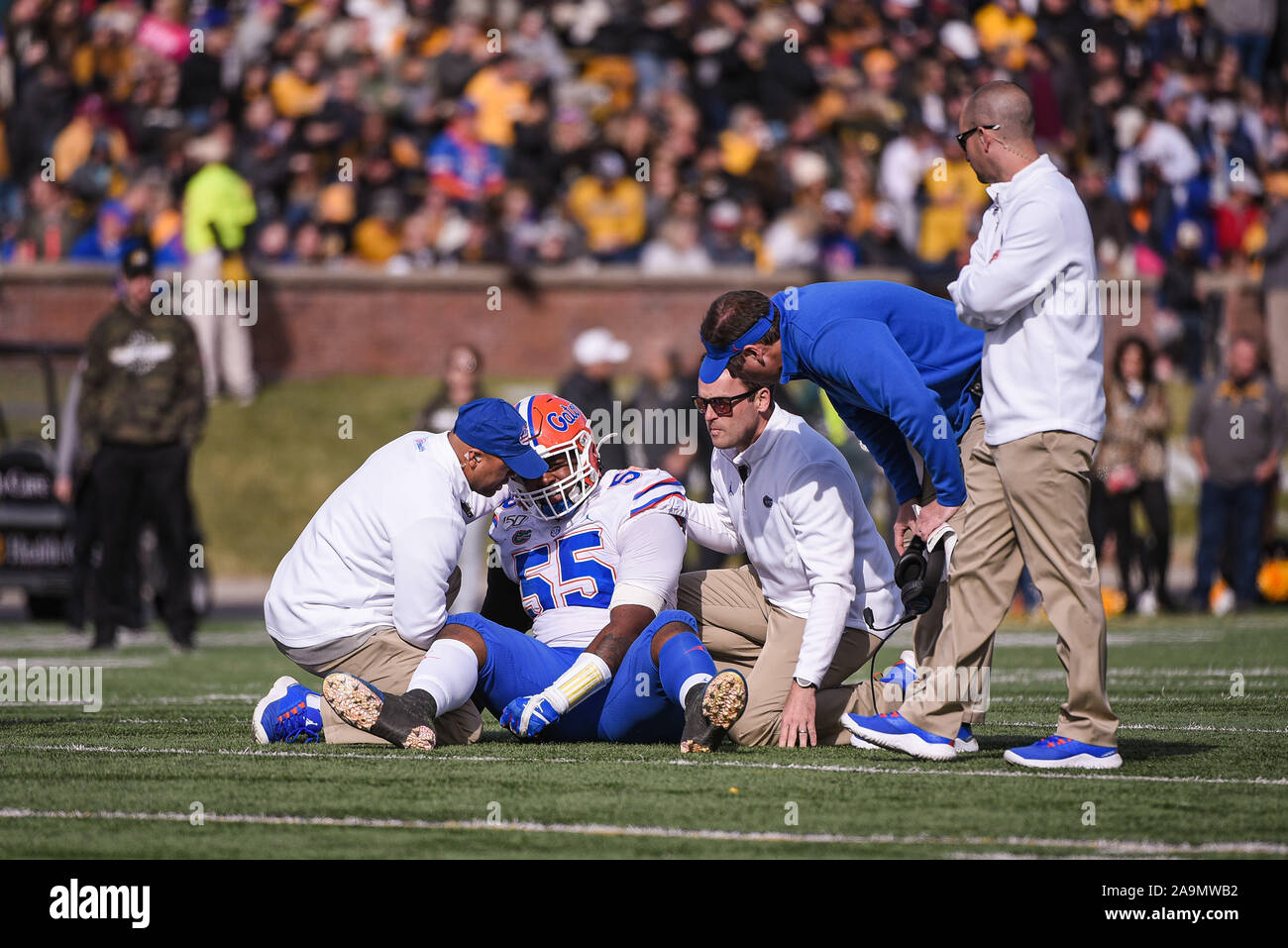 Nov 16, 2019: Florida Gators defensive lineman Kyree Campbell (55) talks with the training staff after injuring his shoulder during an SEC conference game where the Florida Gators visited the Missouri Tigers held at Faurot Field at Memorial Stadium in Columbia, MO Richard Ulreich/CSM Stock Photo