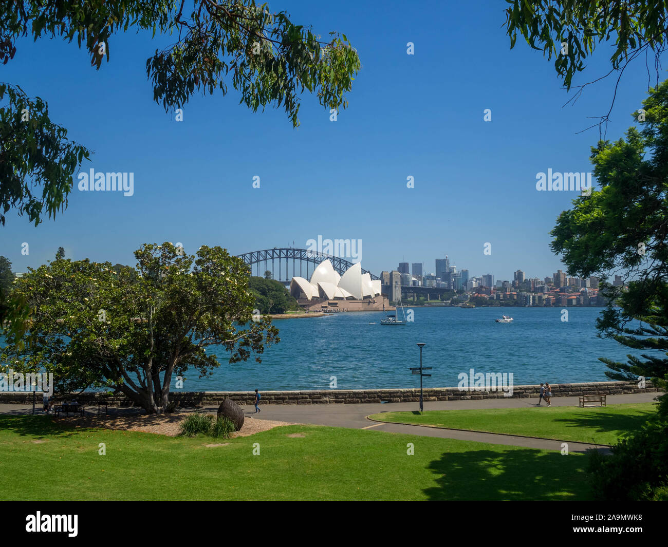 Sydney Opera House and Harbour Bridge seen from the Royal Botanic Gardens Stock Photo