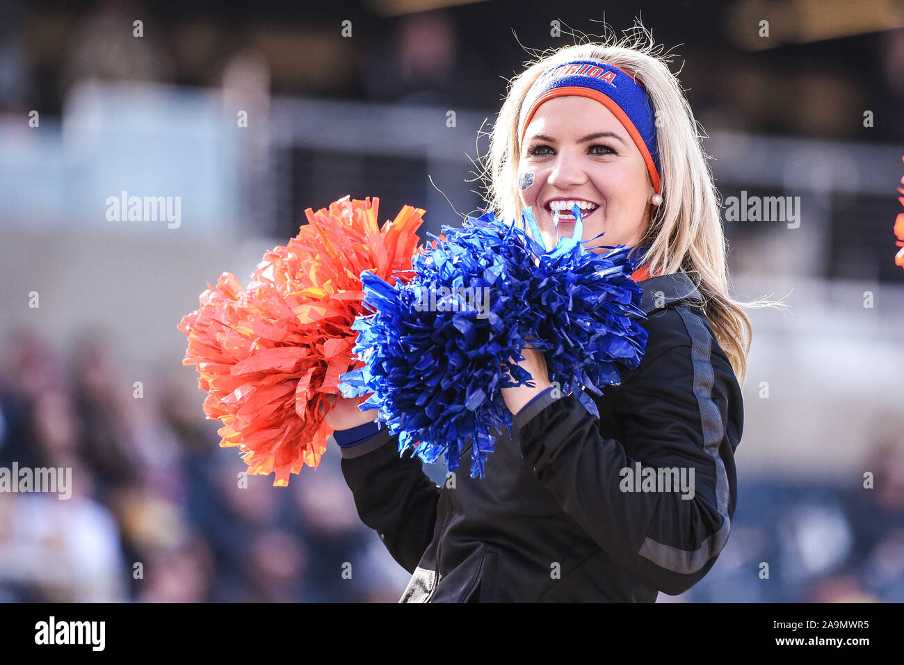 Nov 16, 2019: A Florida cheerleader performs for the Florida fans during an SEC conference game where the Florida Gators visited the Missouri Tigers held at Faurot Field at Memorial Stadium in Columbia, MO Richard Ulreich/CSM Stock Photo