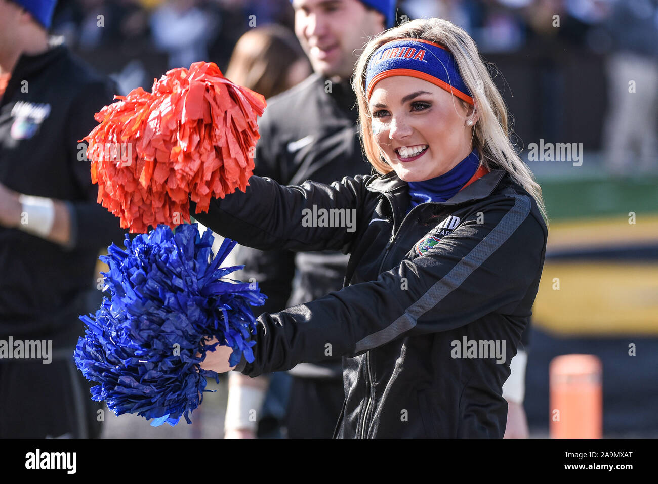 Nov 16, 2019: A Florida cheerleader performs during an SEC conference game where the Florida Gators visited the Missouri Tigers held at Faurot Field at Memorial Stadium in Columbia, MO Richard Ulreich/CSM Stock Photo