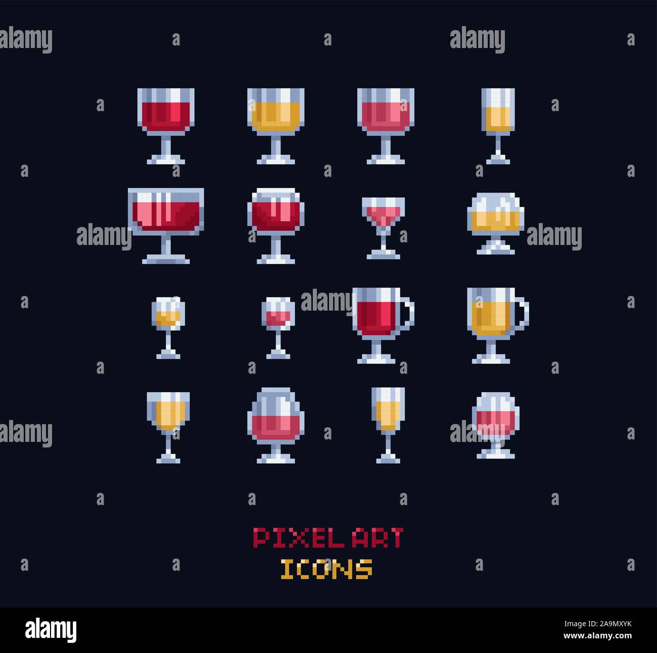 Pixel art vector illustration red, white, rose, cider, mulled wine glasses. Pixel art design