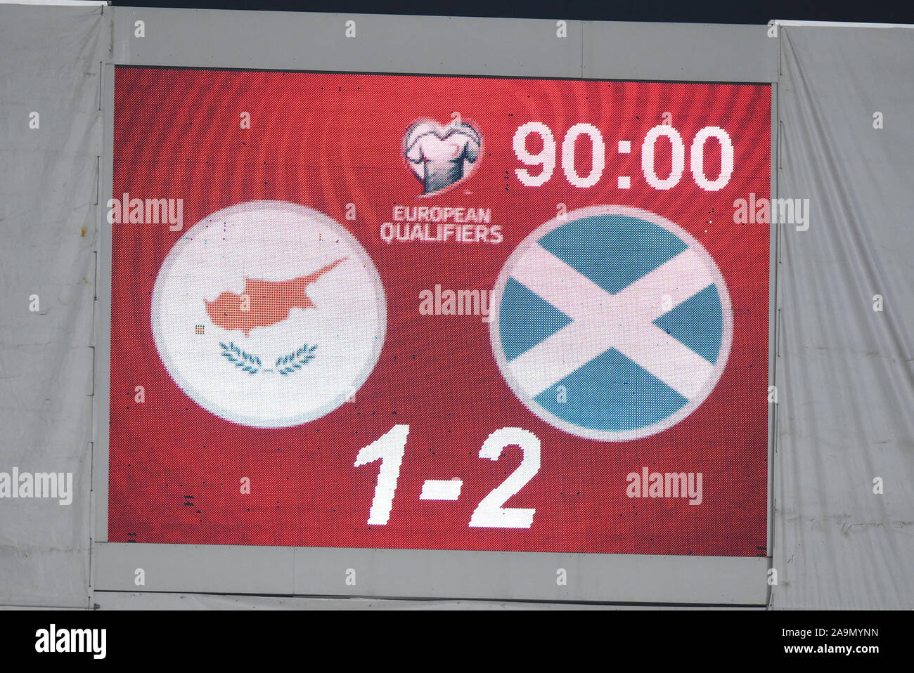 GSP Stadium Nicosia,Cyprus.16th Novenmber 2019 Football Cyprus vs Scotland UEFA EURO 2020 Qualifier .  Cyprus  vs Scotland score board. Stock Photo