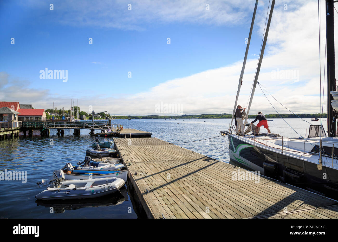 Men rigging sail in Harbor with boats and dock in summer, Castine,  Maine, New England, USA Stock Photo