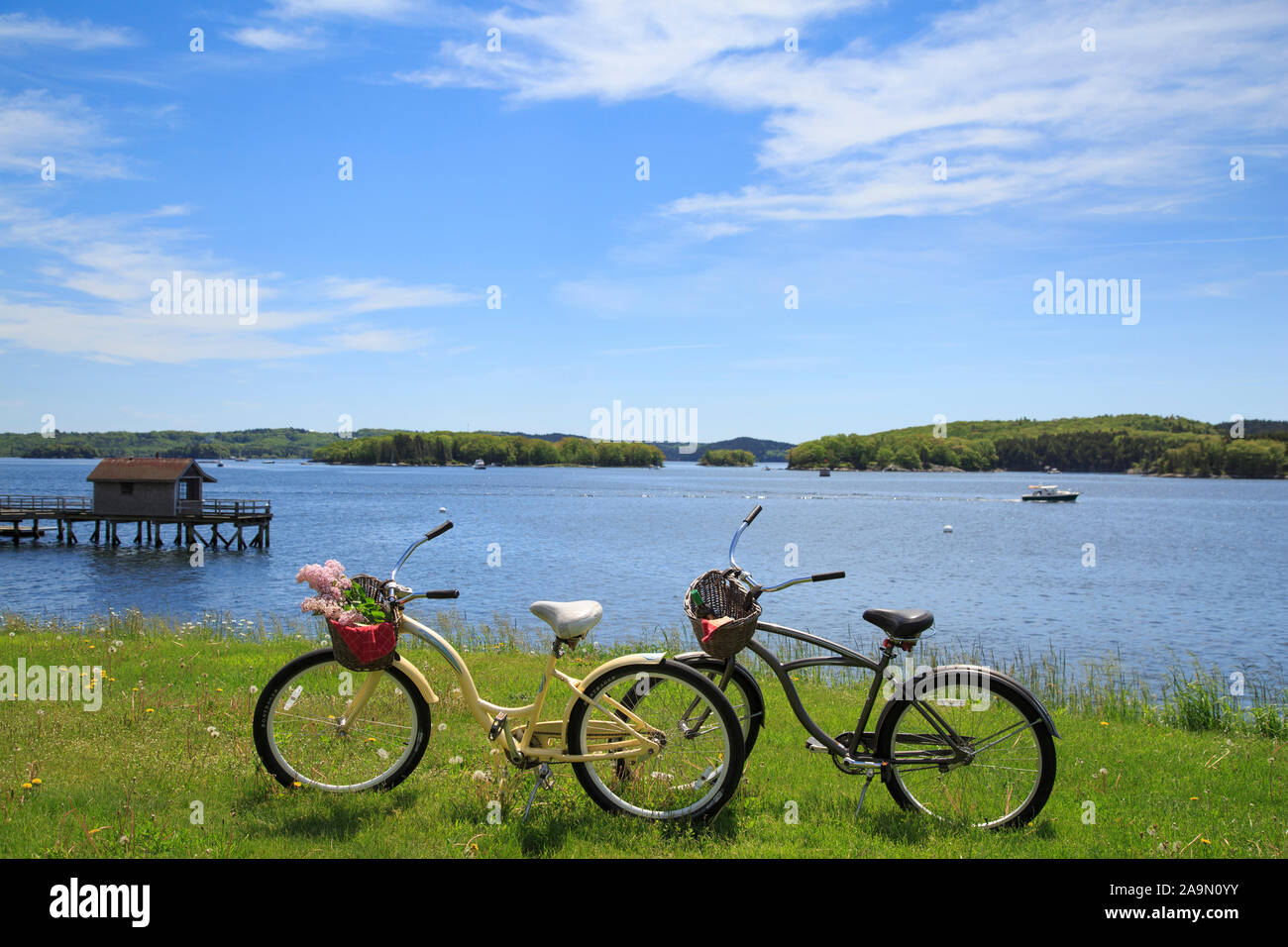 Penobscot Bay with two bikes in summer, Castine, Maine, USA, Stock Photo