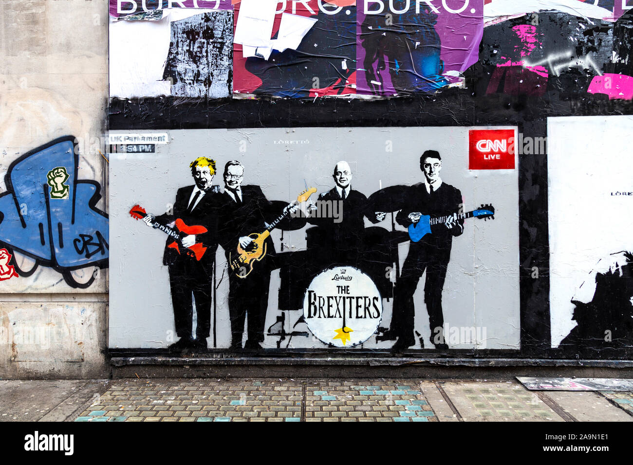 Brexit mural by Loretto with Boris Johnson, Michael Gove, Sajid Javid and Jacob Rees-Mogg The Brexiters band, Great Marlborough Street, London, UK Stock Photo
