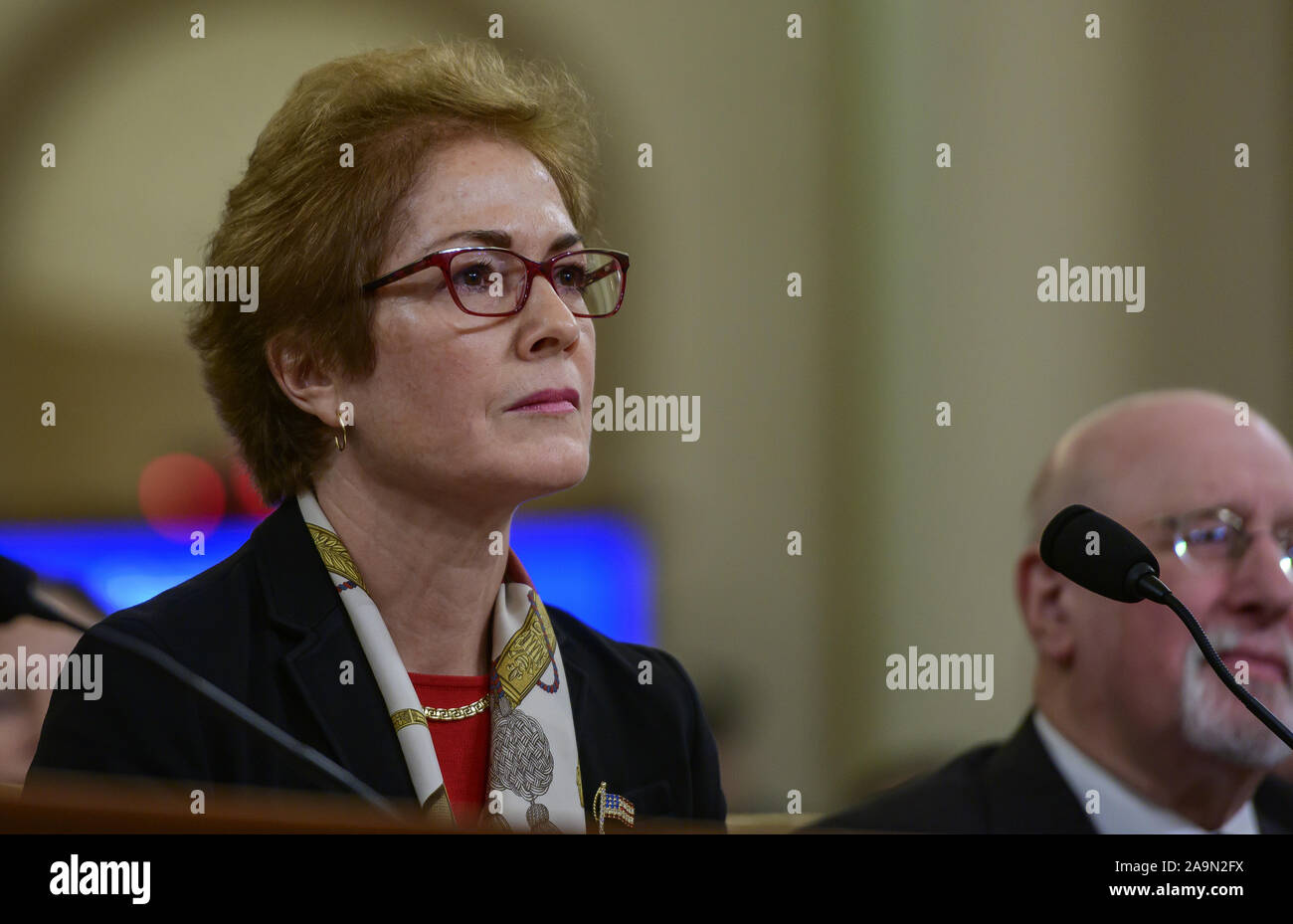 Washington, District of Columbia, USA. 15th Nov, 2019. Marie 'Masha'' Yovanovitch, former United States Ambassador to Kyiv, Ukraine, on behalf of the US Department of State, listens to the opening statements as she waits to testify during the US House Permanent Select Committee on Intelligence public hearing as they investigate the impeachment of US President Donald J. Trump on Capitol Hill in Washington, DC on Friday, November 15, 2019 Credit: Ron Sachs/CNP/ZUMA Wire/Alamy Live News Stock Photo