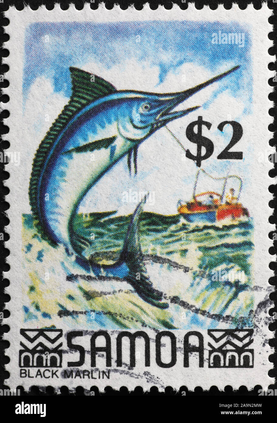 Black marlin on samoan postage stamp Stock Photo