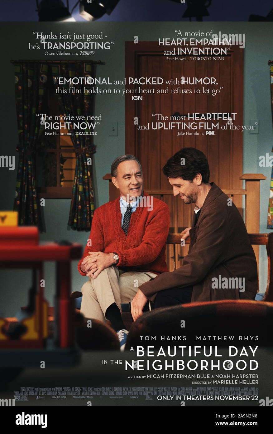 RELEASE DATE: November 22, 2019 TITLE: A Beautiful Day in The Neighborhood STUDIO: TriStar Pictures DIRECTOR: Marielle Heller PLOT: The story of Fred Rogers, the honored host and creator of the popular children's television program, Mister Rogers' Neighborhood (1968). STARRING: TOM HANKS as Fred Rogers, MATTHEW RHYS as Lloyd Vogel poster art. (Credit Image: © TriStar Pictures/Entertainment Pictures) Stock Photo