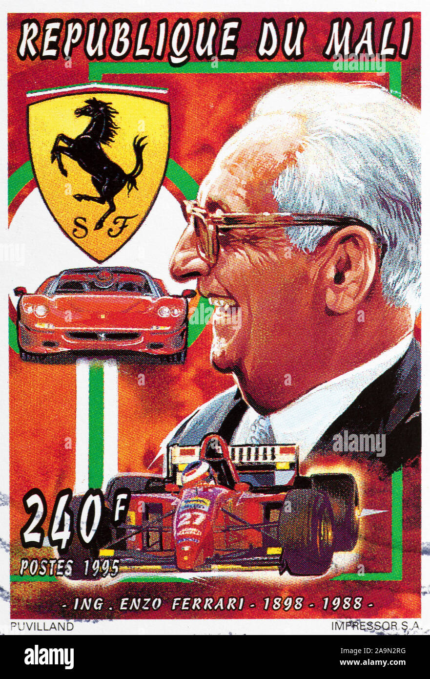 Celebration of Enzo Ferrari on postage stamp of Mali Stock Photo