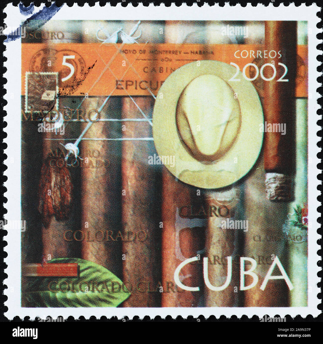 Famous cuban cigars on postage stamp Stock Photo