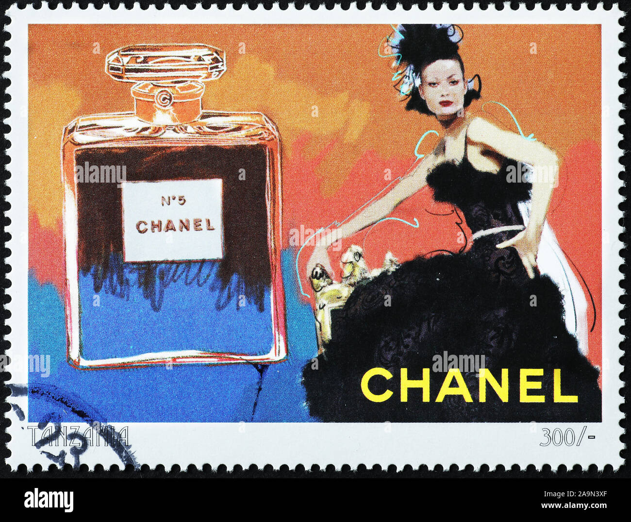 Old advertising of stylist Chanel on postage stamp Stock Photo