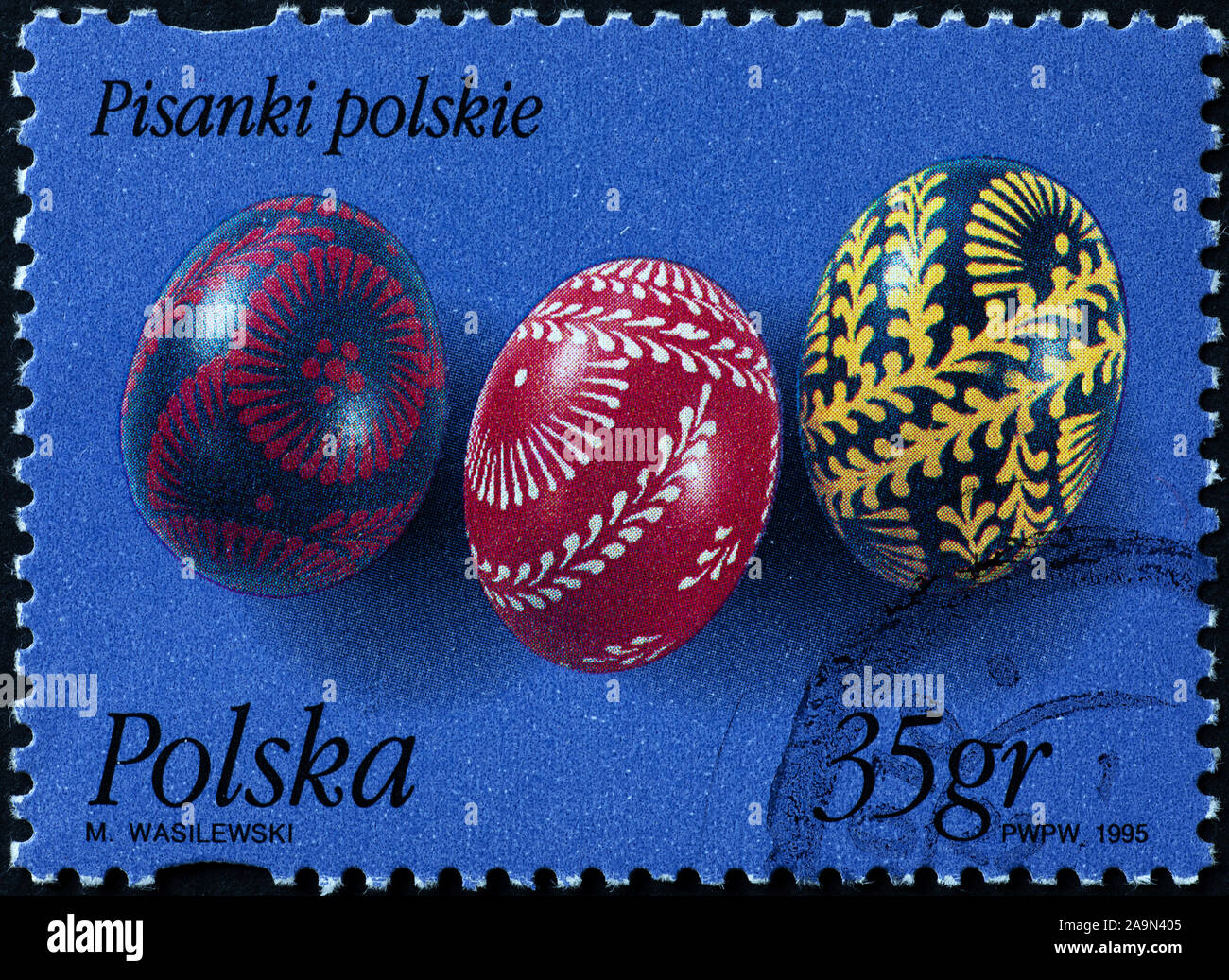 Painted eggs for Easter on polish postage stamp Stock Photo