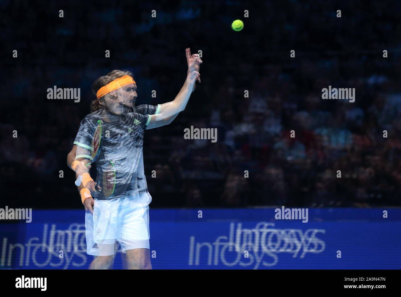 London, UK. 16th Nov 2019.  StefanosTsitsipas of Greece in action during his singles match against Roger Federer of Switzerland during the ATP World Tour Finals at the O2 Arena on November 16, 2019 in London, England. Credit: Paul Cunningham/Alamy Live News Stock Photo