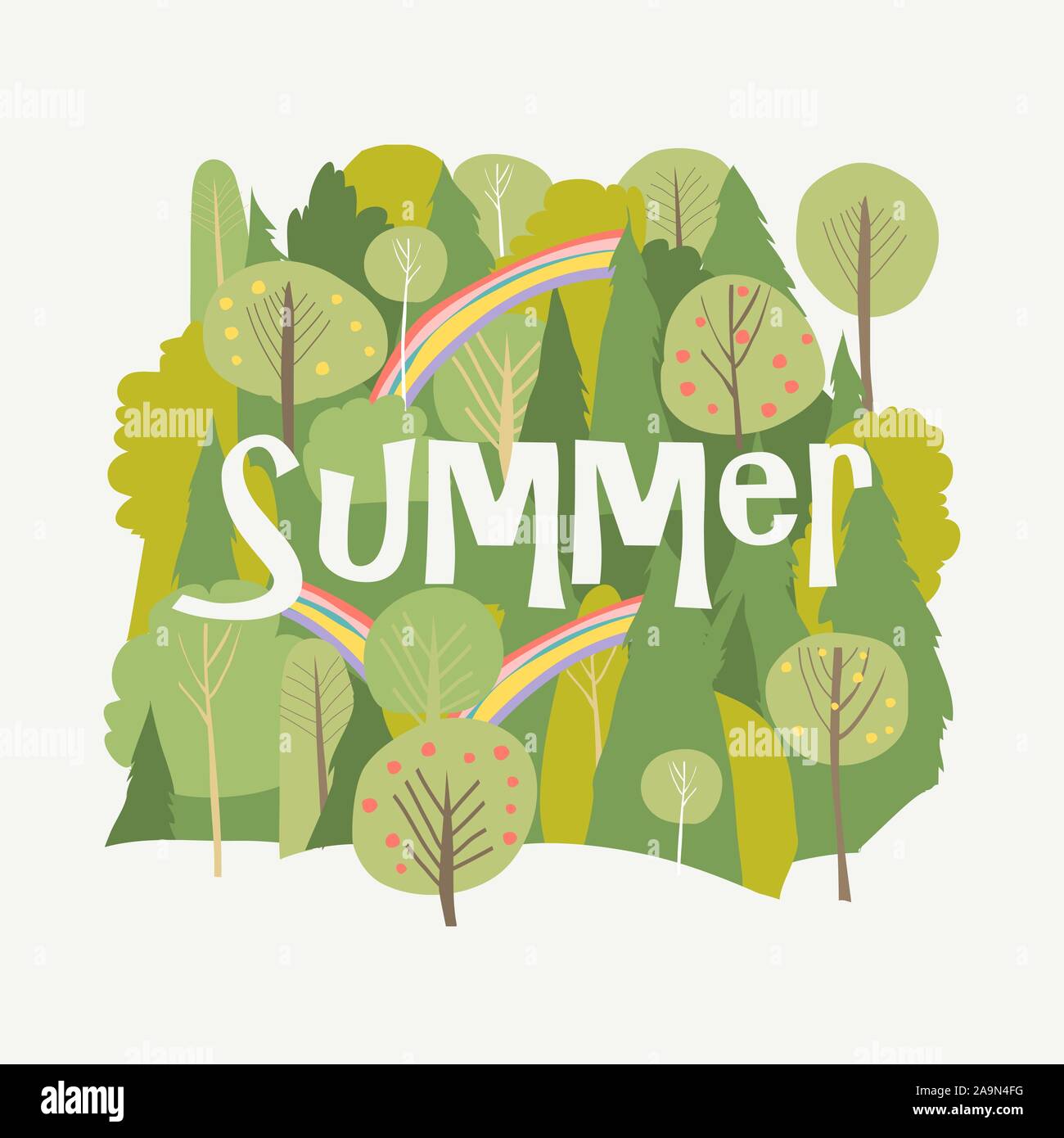 Summer forest with rainbow on white background Stock Vector