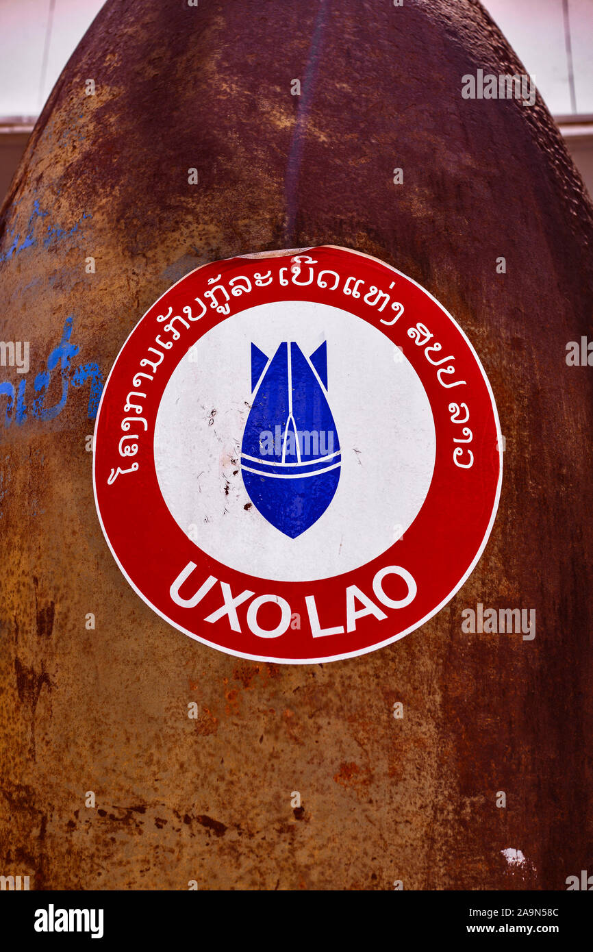 UXO LAO. The Lao National Unexploded Ordnance Programme which clears land of unexploded bombs and land mines for agriculture and community purposes Stock Photo