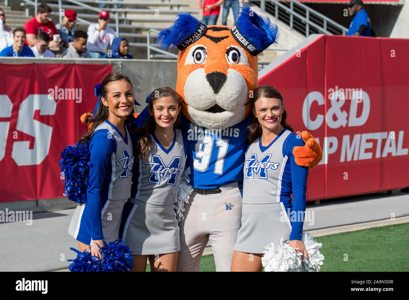 November 25, 2017; Memphis, TN, USA; Memphis Tigers Mascot, POUNCER, and  cheerleaders performing during an intermission in NCAA D1 basketball action  against NKU. The Memphis Tigers defeated the Northern Kentucky Norse, 76-74.