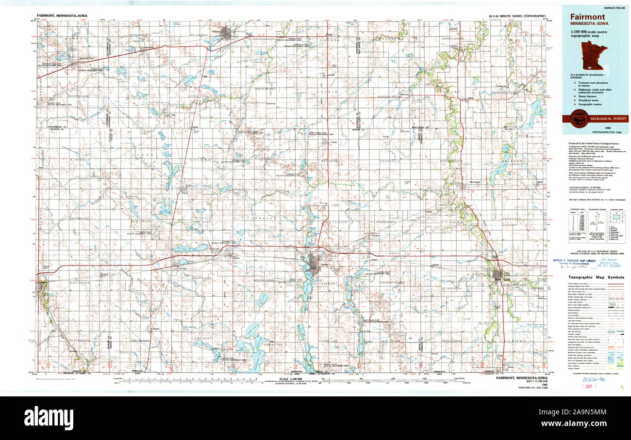 USGS TOPO Map MInnesota MN Fairmont 805648 1985 100000 Restoration