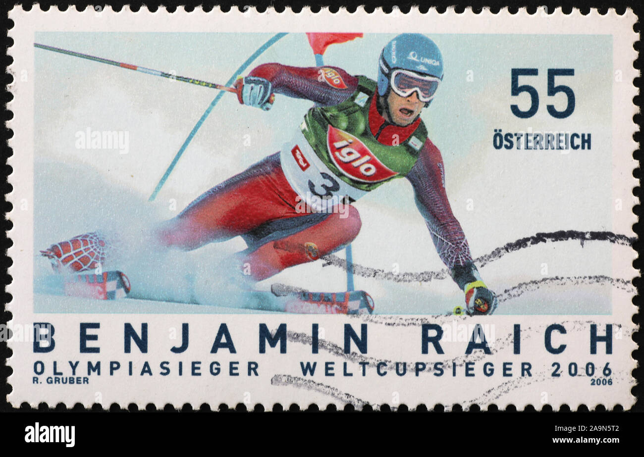 Ski racer Benjamin Raich on austrian postage stamp Stock Photo