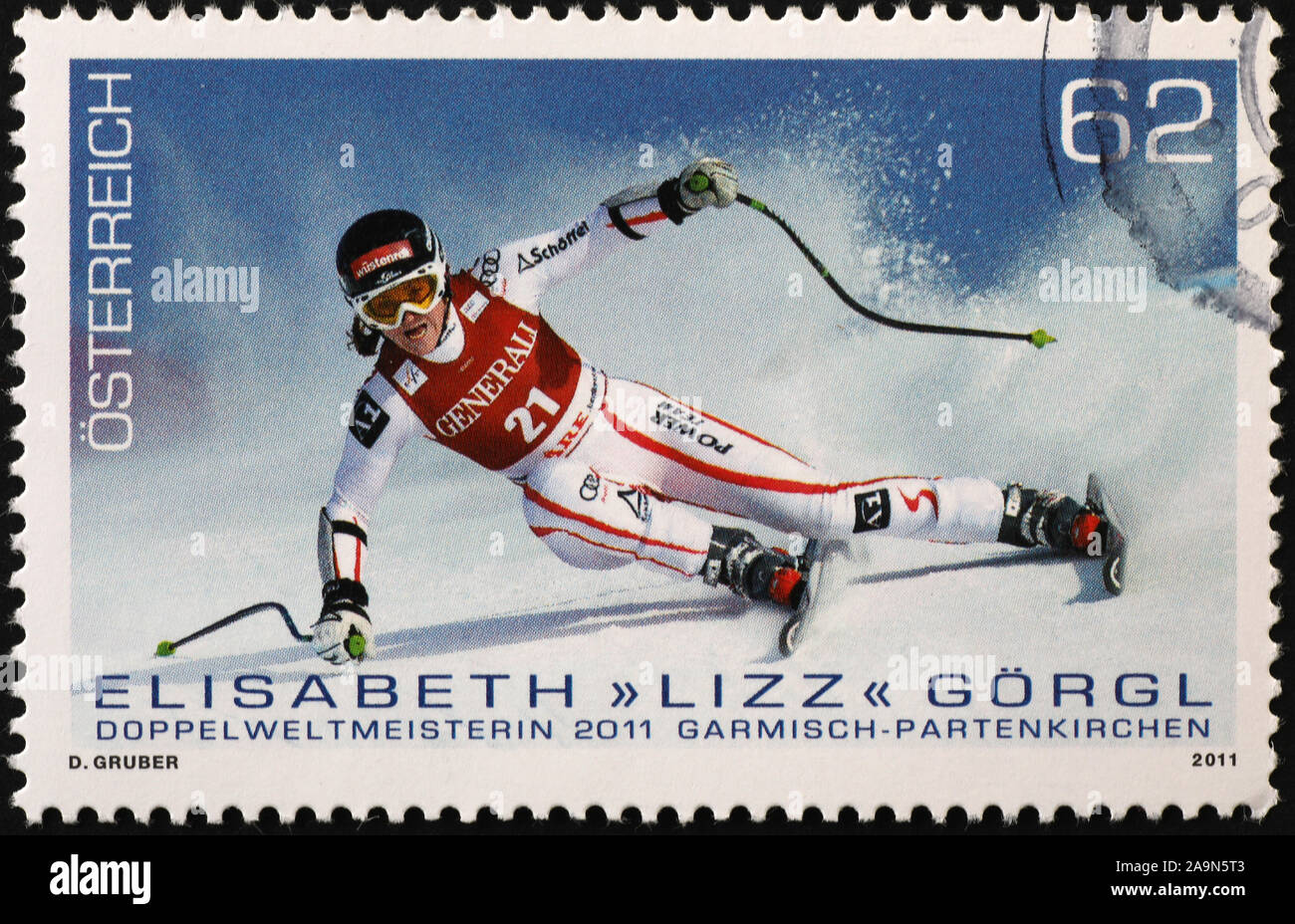 Ski racer Elizabeth Gorgl on austrian postage stamp Stock Photo
