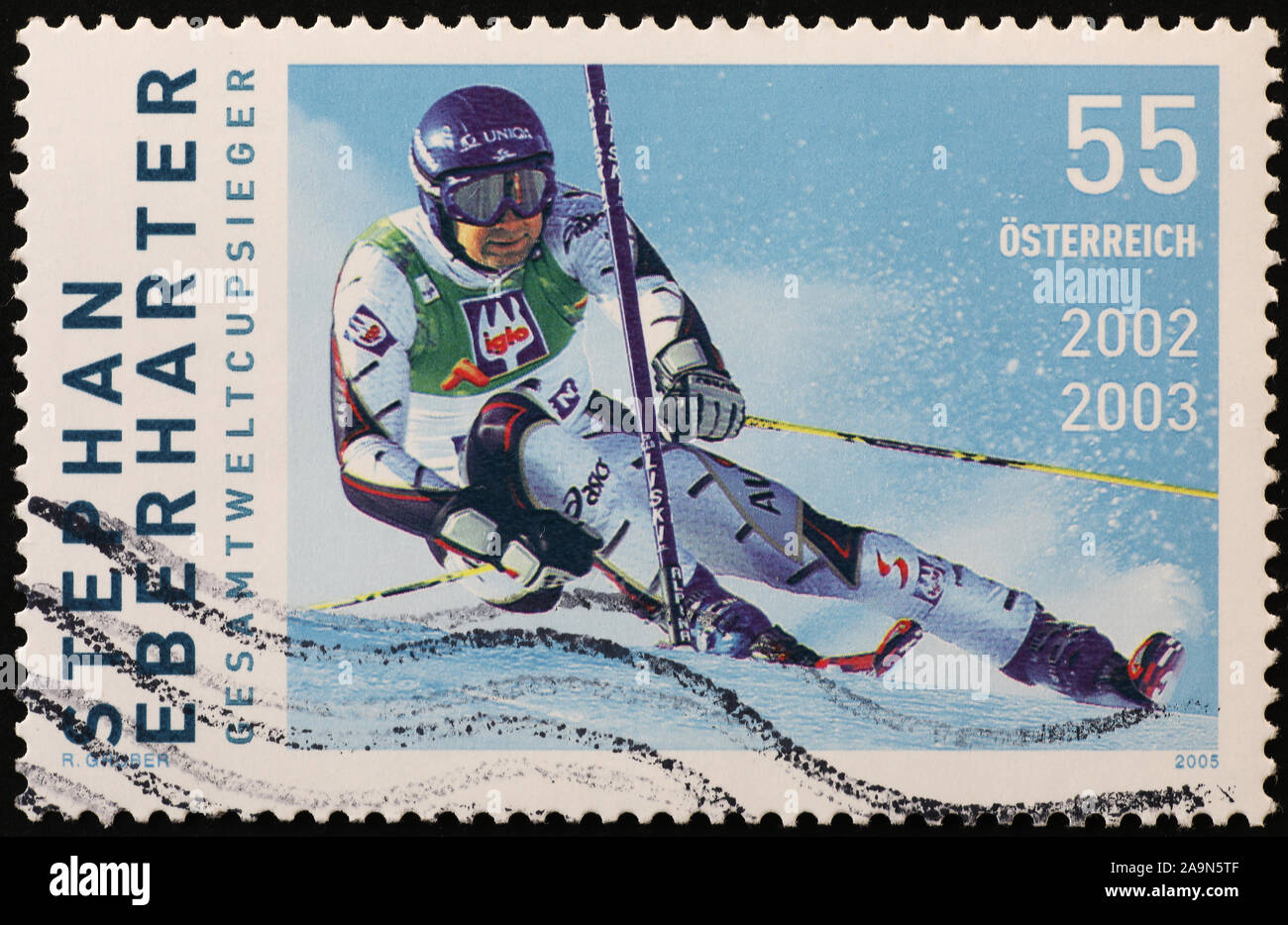 Ski racer Stephan Eberharter on austrian postage stamp Stock Photo