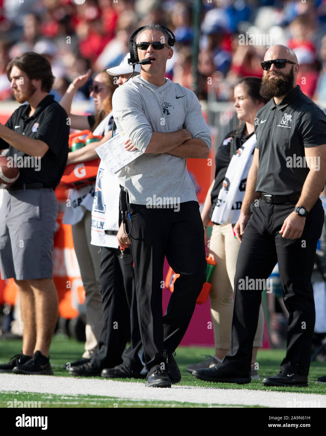Houston, Texas, USA. 16th Nov, 2019. Memphis Tigers head coach Mike Norvell on the sidelines during a regular season game against the Houston Cougars at TDECU Stadium in Houston, Texas. © Maria Lysaker/DCTF. Credit: csm/Alamy Live News Stock Photo