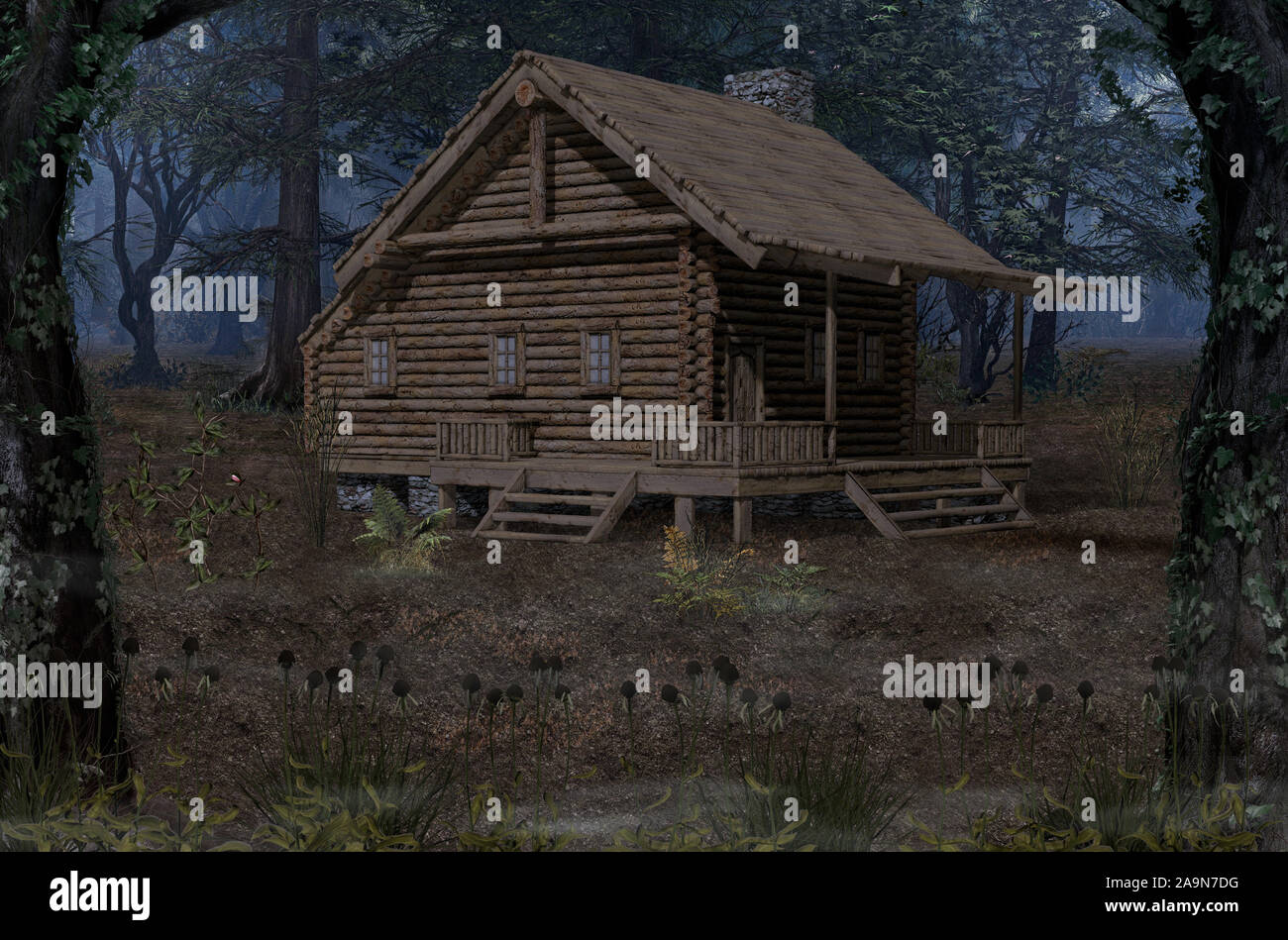 Log Cabin In Deep Remote Enchanting Woods In The Moonlight 3d
