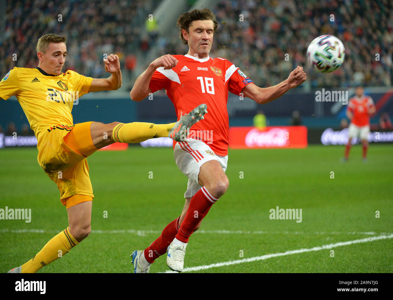 St. Petersburg, Russia. 16th Nov, 2019. Russia, St. Petersburg, November 16, 2019. Belgian national team players Timothy Kastan and Russian national team Yuri Zhirkov (left to right) in the qualifying match of the 2020 European Football Championship between the national teams of Russia and Belgium. Credit: Andrey Pronin/ZUMA Wire/Alamy Live News Stock Photo