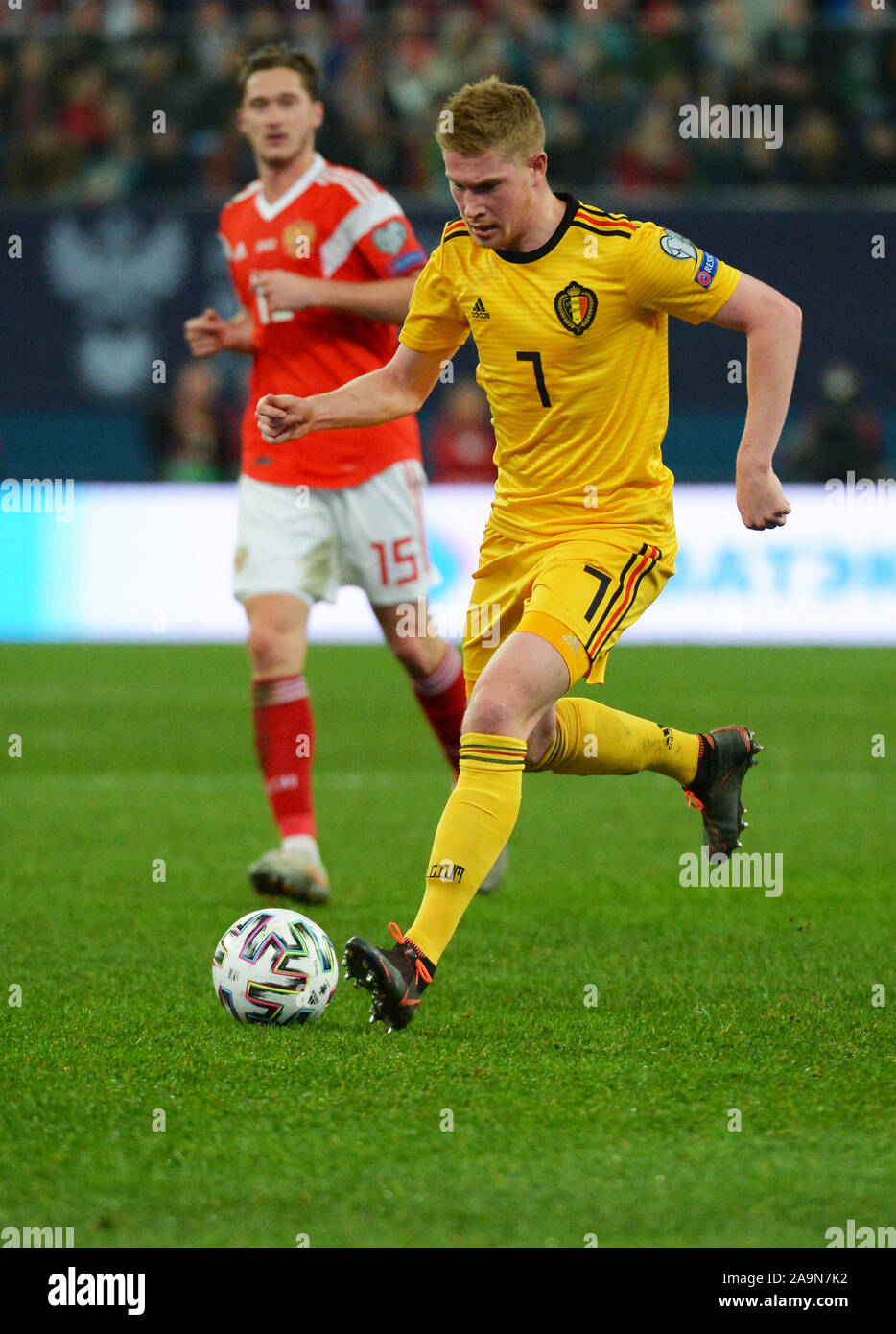 St. Petersburg, Russia. 16th Nov, 2019. Russia, St. Petersburg, November 16, 2019. Belgian national team players Kevin De Bruyne in the qualifying match of the 2020 European Football Championship between the national teams of Russia and Belgium. Credit: Andrey Pronin/ZUMA Wire/Alamy Live News Stock Photo