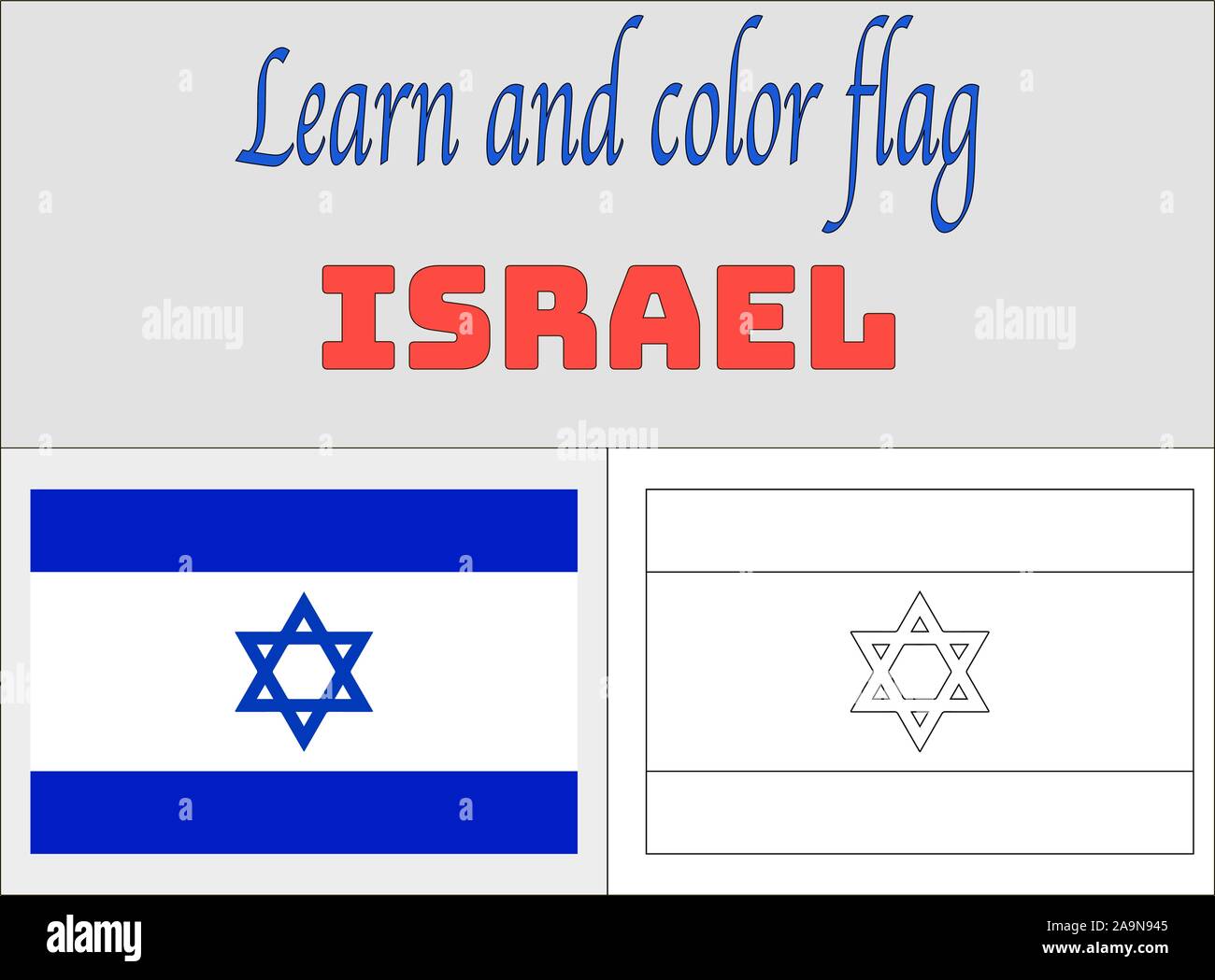 Jew Israel National flag Coloring Book pages for Education and learning. original colors, proportion. vector illustration, countries set. Stock Vector