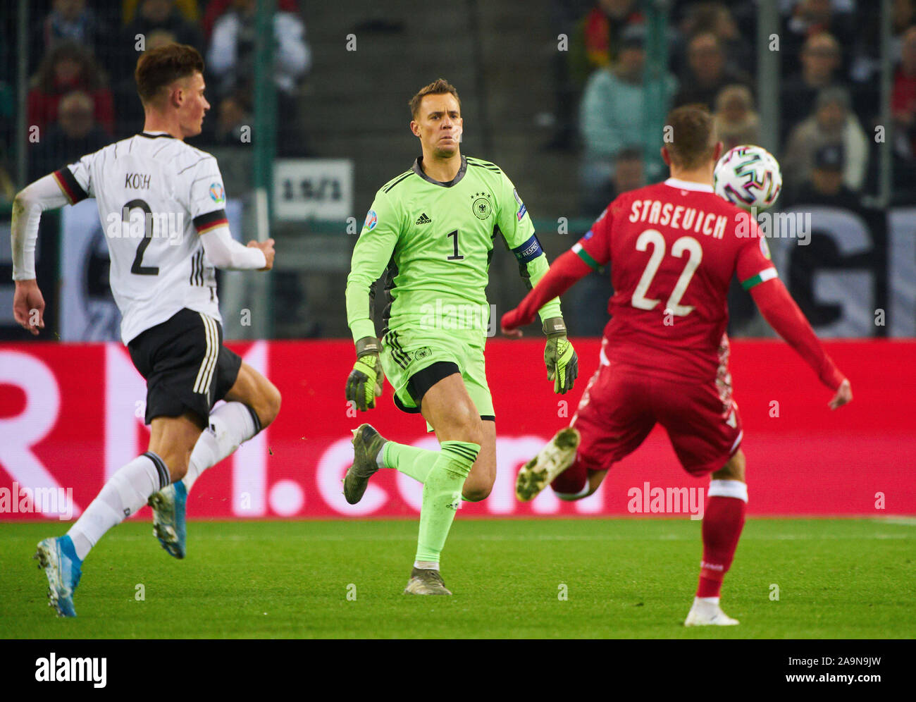 Mönchengladbach, Germany. 16th Nov 2019. Manuel NEUER, DFB 1 goalkeeper, Robin KOCH, DFB 2 compete for the ball, tackling, duel, header, zweikampf, action, fight against STASEVICH GERMANY - BELARUS Important: DFB regulations prohibit any use of photographs as image sequences and/or quasi-video. Qualification for European Championships, EM Quali, 2020 Season 2019/2020, November 16, 2019 in Mönchengladbach, Germany. Credit: Peter Schatz/Alamy Live News Stock Photo