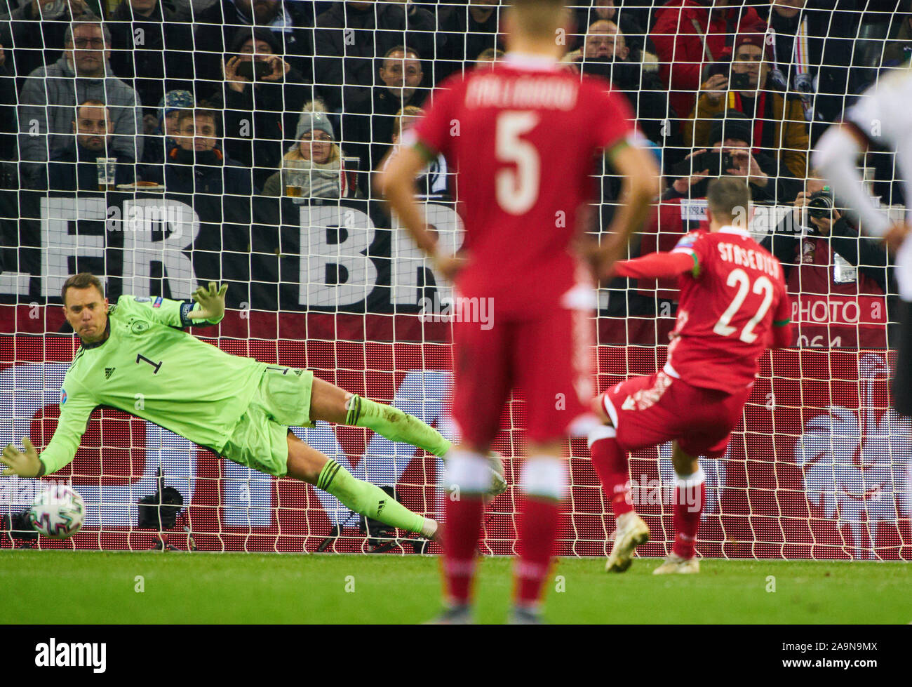 Mönchengladbach, Germany. 16th Nov 2019. Manuel NEUER, DFB 1 goalkeeper, fights for the ball, catches, catch, hold, defend, action, frame, cut out, reaction, fist, save, Penalty shoot-out, 11m, penalty kick, action, single shot, shot on goal, GERMANY - BELARUS Important: DFB regulations prohibit any use of photographs as image sequences and/or quasi-video. Qualification for European Championships, EM Quali, 2020 Season 2019/2020, November 16, 2019 in Mönchengladbach, Germany. Credit: Peter Schatz/Alamy Live News Stock Photo