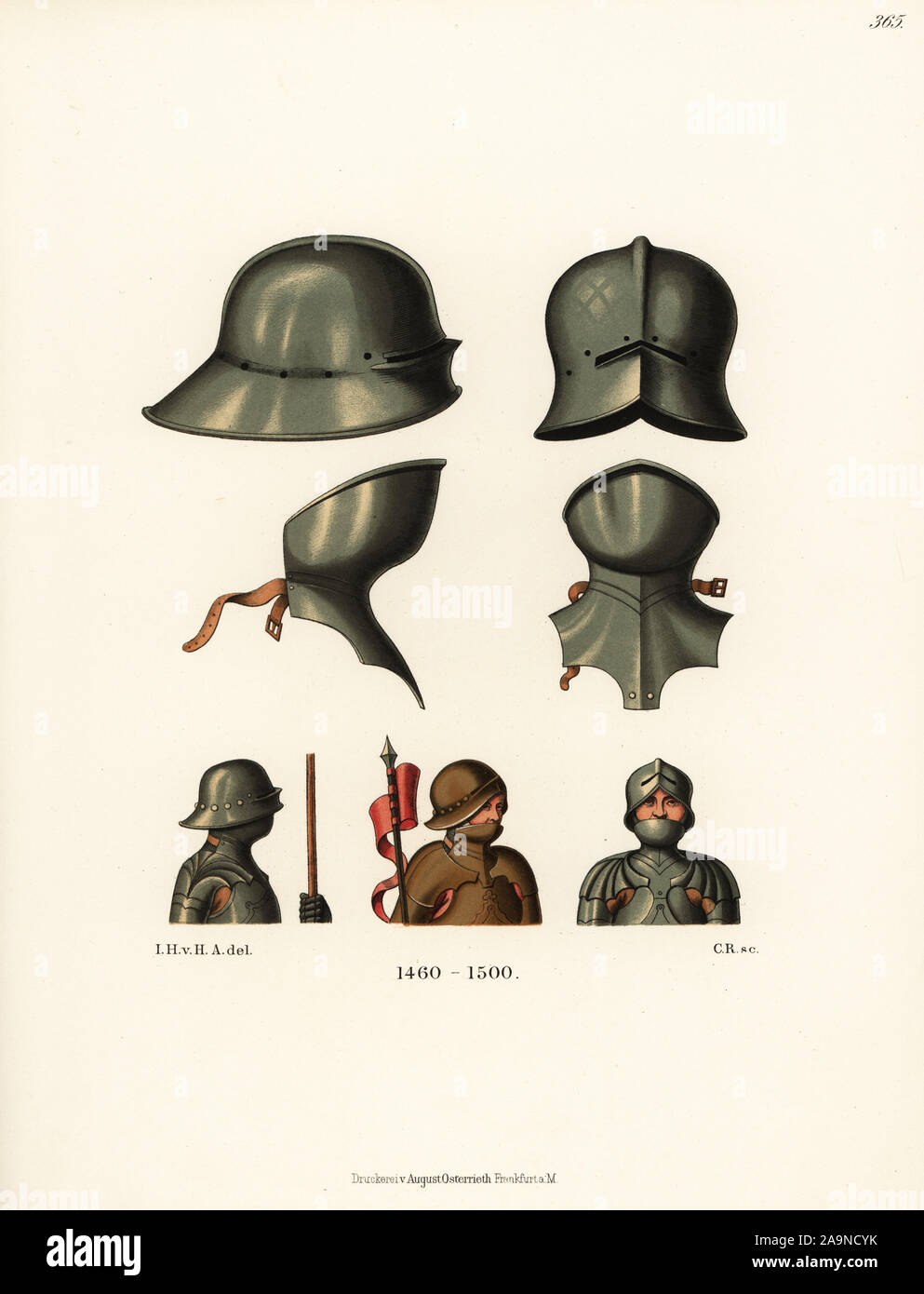 Helmets, sallet helm and gorget neck armour, Germany, late 15th century. Chromolithograph from Hefner-Alteneck's Costumes, Artworks and Appliances from the Middle Ages to the 17th Century, Frankfurt, 1889. Illustration by Dr. Jakob Heinrich von Hefner-Alteneck, lithographed by C. Regnier. Dr. Hefner-Alteneck (1811 - 1903) was a German museum curator, archaeologist, art historian, illustrator and etcher. Stock Photo
