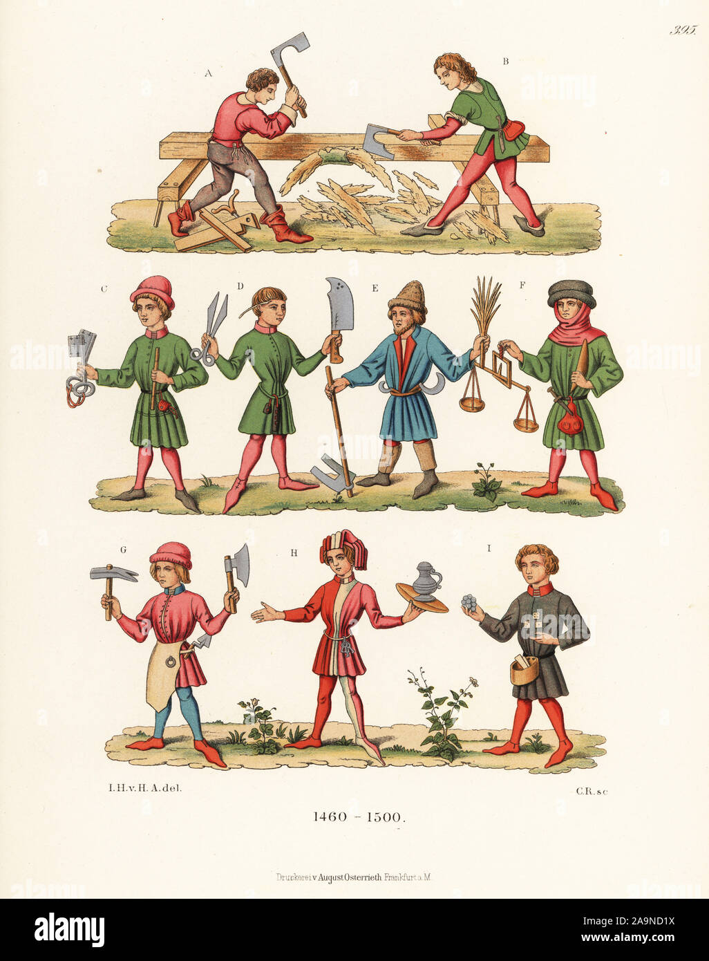 Costumes of German tradesmen, late 15th century. Carpenters with adze working on Noah’s Ark A and B from the Nuremberg Chronicle. Guard with keys C, leatherworker and shoemaker D, farmer with wheat E, merchant with scales F, carpenter with hammer G, innkeeper with tray H, and toymaker I from a chess book, Schachzabelbuch. Chromolithograph from Hefner-Alteneck's Costumes, Artworks and Appliances from the Middle Ages to the 17th Century, Frankfurt, 1889. Illustration by Dr. Jakob Heinrich von Hefner-Alteneck, lithographed by C. Regnier. Dr. Hefner-Alteneck (1811 - 1903) was a German museum curat Stock Photo