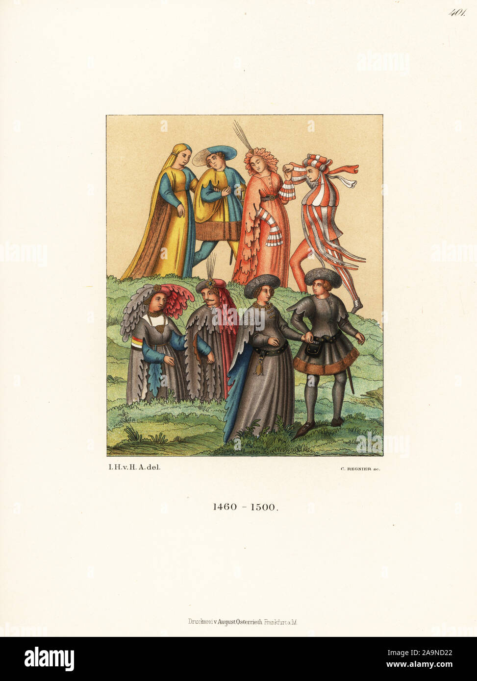 German fashions of the late 15th century from Matthaus Schwarz’s Book of Clothes, Trachtenbuch. Chromolithograph from Hefner-Alteneck's Costumes, Artworks and Appliances from the Middle Ages to the 17th Century, Frankfurt, 1889. Illustration by Dr. Jakob Heinrich von Hefner-Alteneck, lithographed by C. Regnier. Dr. Hefner-Alteneck (1811 - 1903) was a German museum curator, archaeologist, art historian, illustrator and etcher. Stock Photo