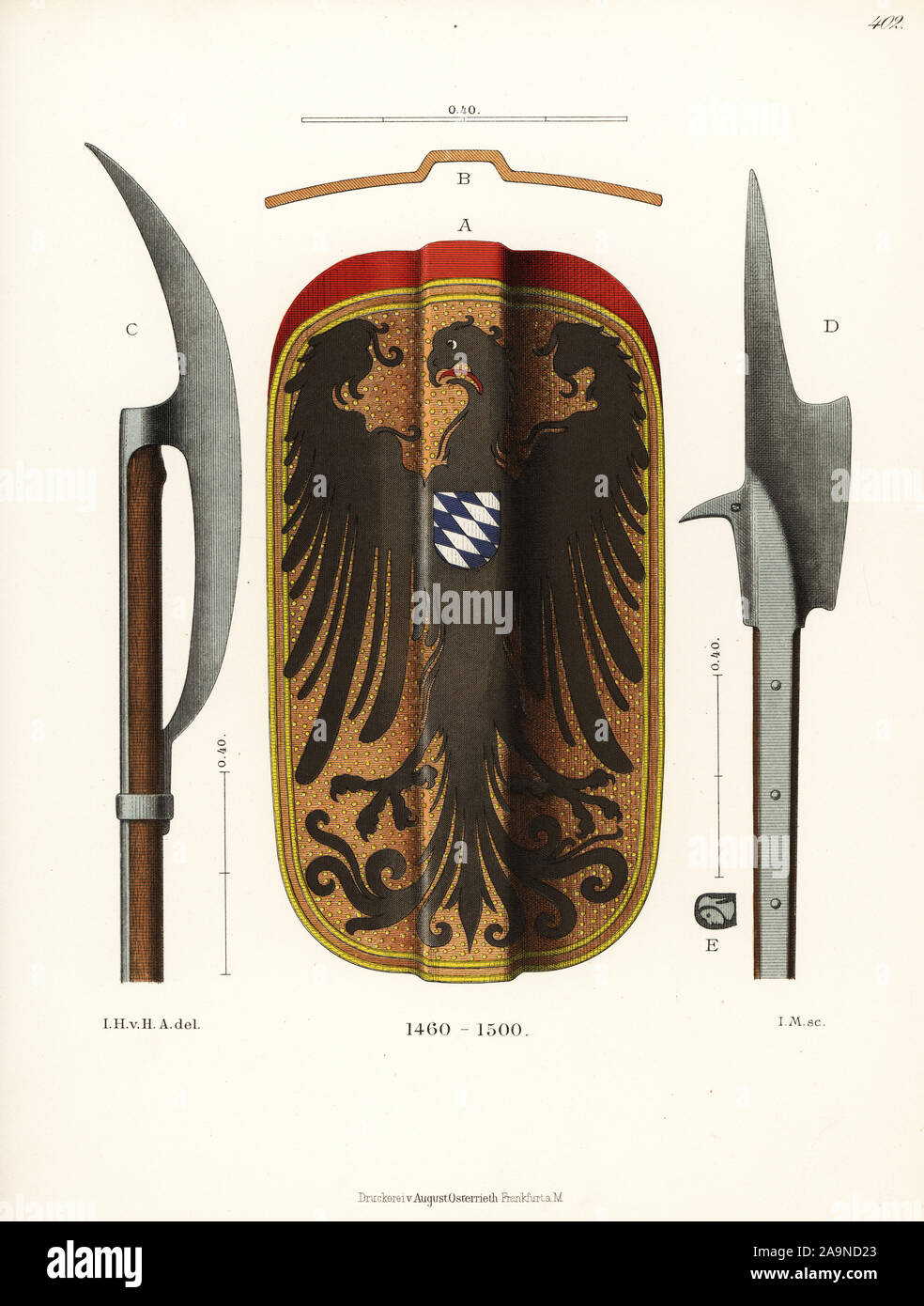 Shield and weapons of the late 15th century. Shield with the coat of arms of Deggendorf, Bavaria A,B; Steitart or pole axe C, and Helmbarte or halberd D. Chromolithograph from Hefner-Alteneck's Costumes, Artworks and Appliances from the Middle Ages to the 17th Century, Frankfurt, 1889. Illustration by Dr. Jakob Heinrich von Hefner-Alteneck, lithographed by I.M. Dr. Hefner-Alteneck (1811 - 1903) was a German museum curator, archaeologist, art historian, illustrator and etcher. Stock Photo