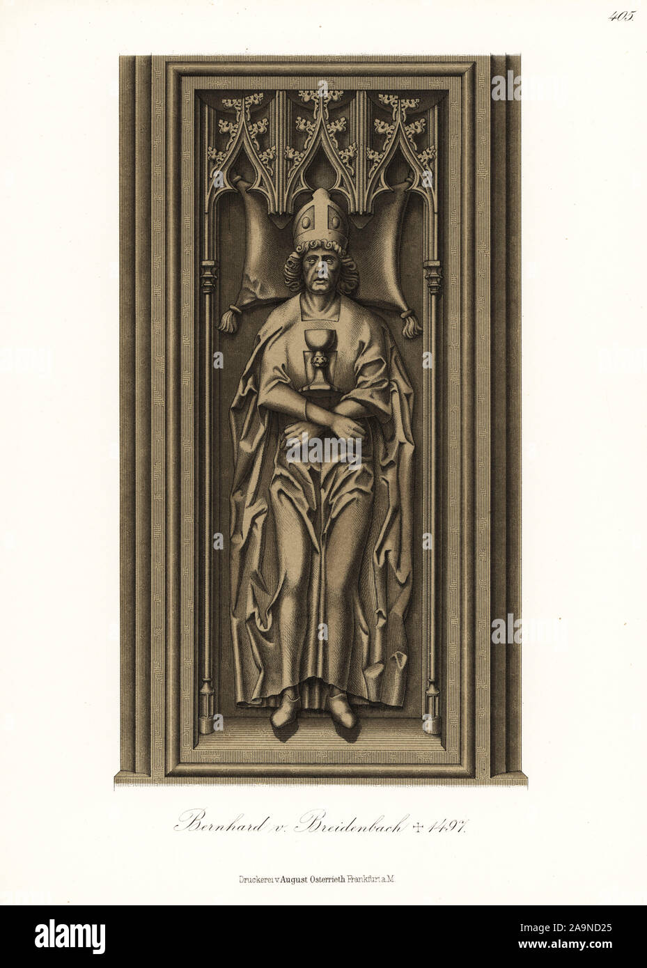 Bernhard von Breidenbach, politician in the Electorate of Mainz and author of Peregrinatio in terram sanctum, 1440-1497. From the grave effigy in Mainz Cathedral. Chromolithograph from Hefner-Alteneck's Costumes, Artworks and Appliances from the Middle Ages to the 17th Century, Frankfurt, 1889. Dr. Hefner-Alteneck (1811 - 1903) was a German museum curator, archaeologist, art historian, illustrator and etcher. Stock Photo