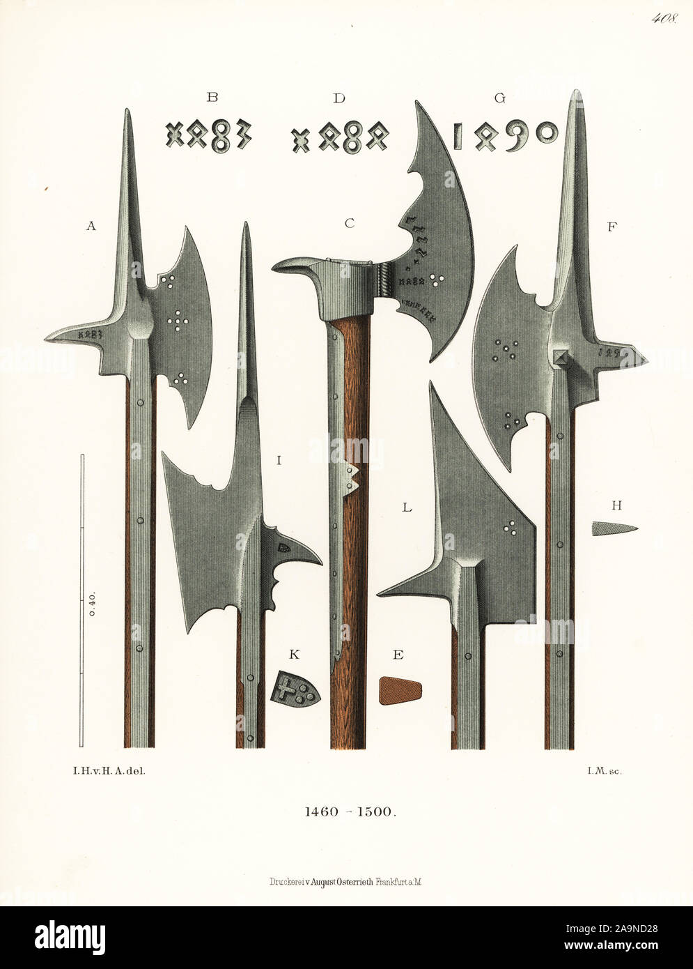 German pole axe and halberd from the late 15th century. Chromolithograph from Hefner-Alteneck's Costumes, Artworks and Appliances from the Middle Ages to the 17th Century, Frankfurt, 1889. Illustration by Dr. Jakob Heinrich von Hefner-Alteneck, lithographed by I.M. Dr. Hefner-Alteneck (1811 - 1903) was a German museum curator, archaeologist, art historian, illustrator and etcher. Stock Photo