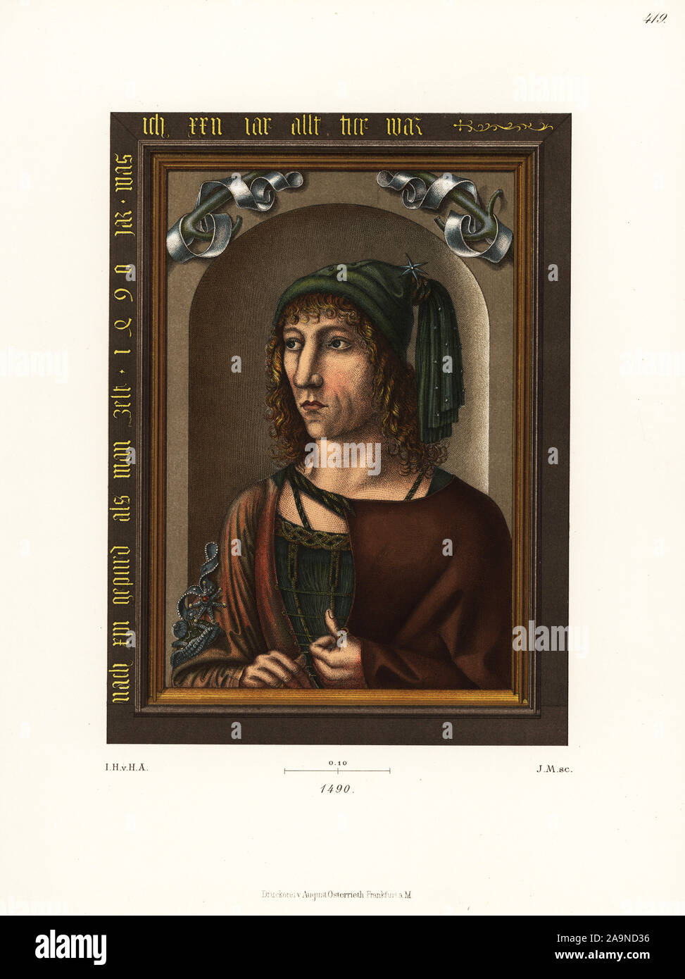 Portrait of a 22-year-old German nobleman in oils from 1490. Painted by the famous master of the Swabian school Bartholomaus Zeitblom. Chromolithograph from Hefner-Alteneck's Costumes, Artworks and Appliances from the Middle Ages to the 17th Century, Frankfurt, 1889. Illustration by Dr. Jakob Heinrich von Hefner-Alteneck, lithographed by J.M. Dr. Hefner-Alteneck (1811 - 1903) was a German museum curator, archaeologist, art historian, illustrator and etcher. Stock Photo