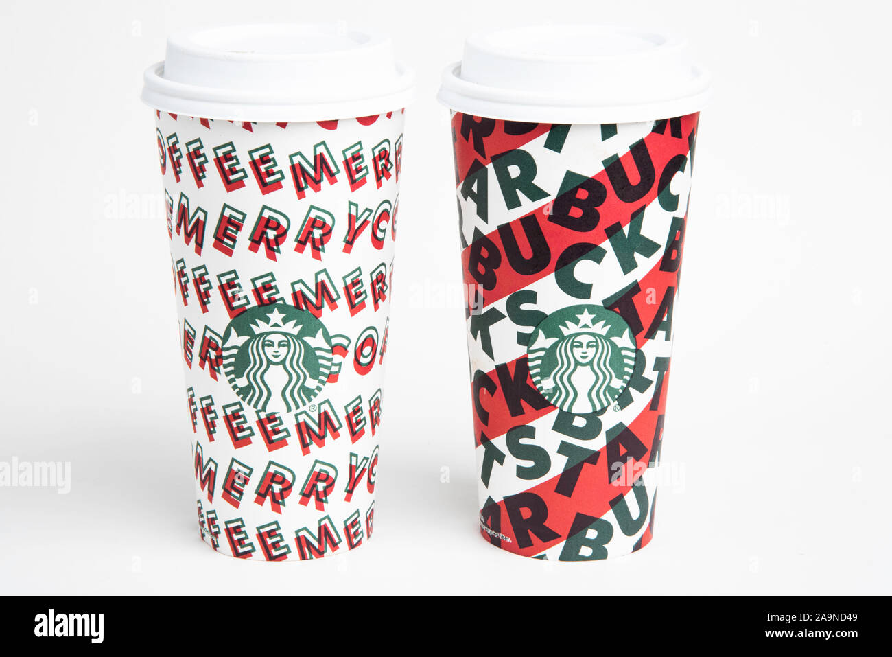 Two designs of Starbucks’ 2019 holiday theme hot beverage disposable carry cups Stock Photo Alamy