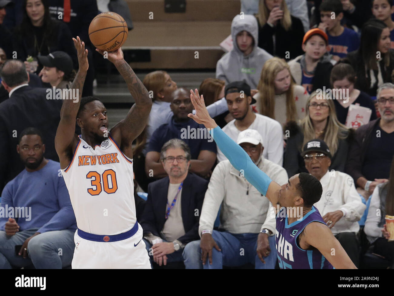 New York, United States. 16th Nov, 2019. New York Knicks Julius Randle shoots a jump shot in the first half against the Charlotte Hornets at Madison Square Garden in New York City on Saturday, November 16, 2019. Photo by John Angelillo/UPI Credit: UPI/Alamy Live News Stock Photo