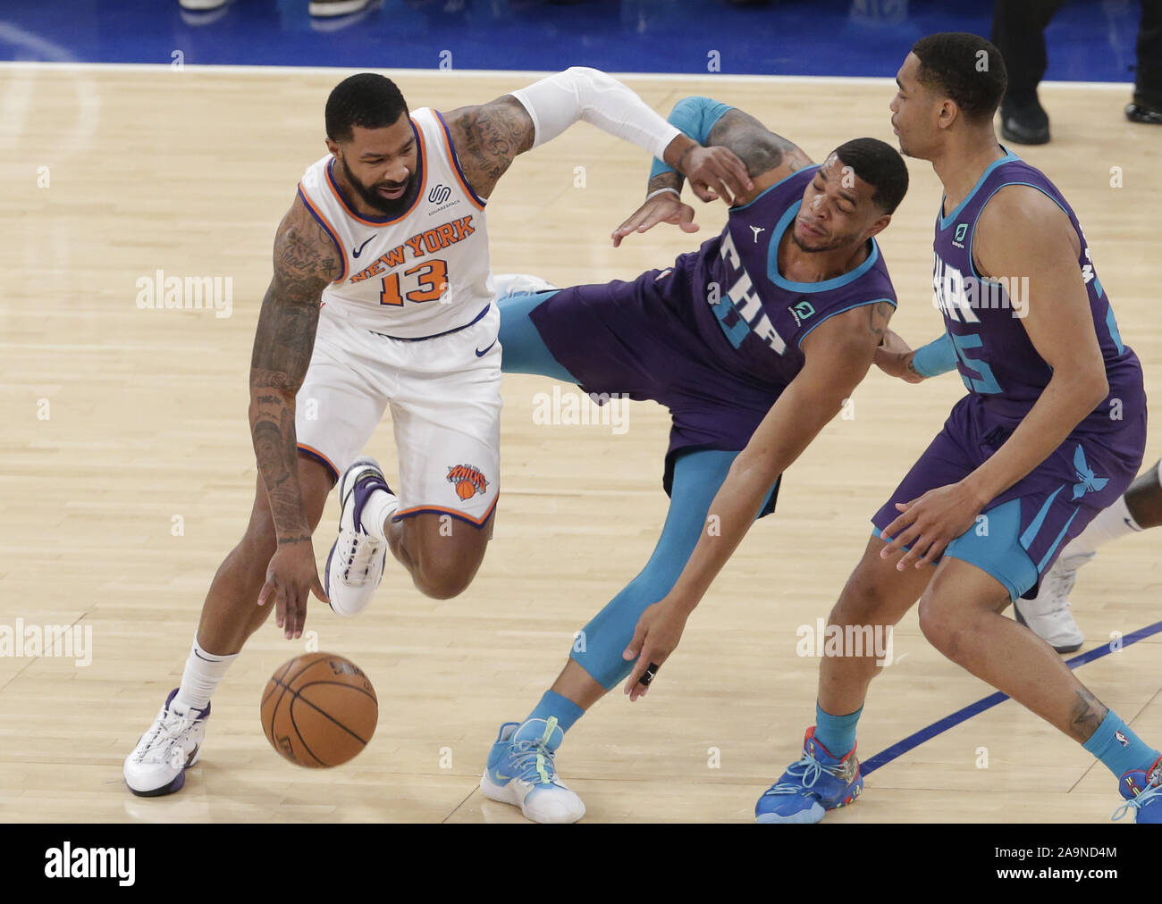 New York, United States. 16th Nov, 2019. New York Knicks Marcus Morris Sr. collides with Charlotte Hornets Miles Bridges in the first half at Madison Square Garden in New York City on Saturday, November 16, 2019. Photo by John Angelillo/UPI Credit: UPI/Alamy Live News Stock Photo