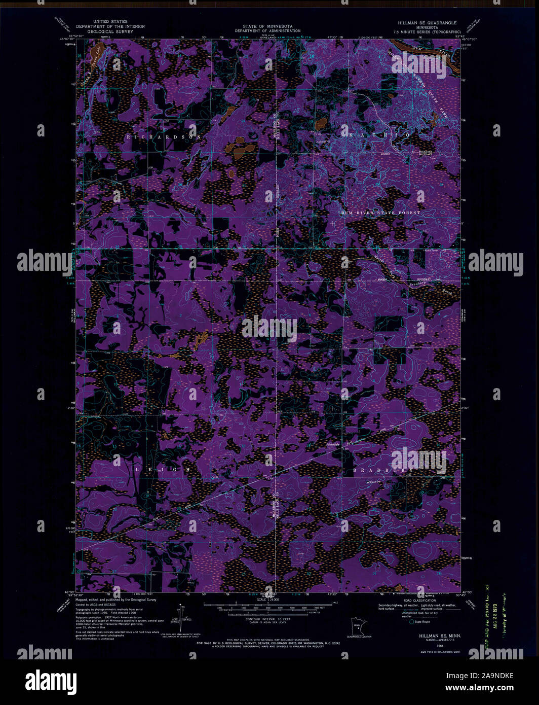 USGS TOPO Map MInnesota MN Hillman SE 504781 1968 24000 Inverted Restoration Stock Photo