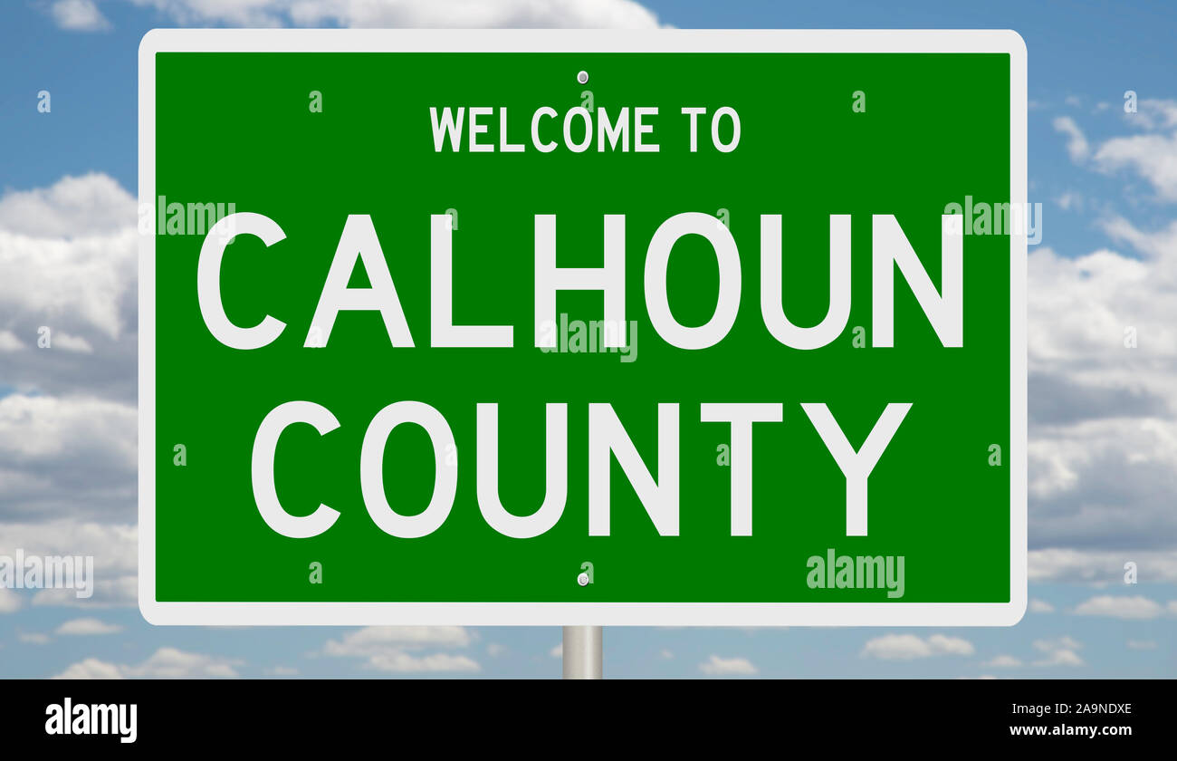 Rendering of a green 3d highway sign for Calhoun County Stock Photo