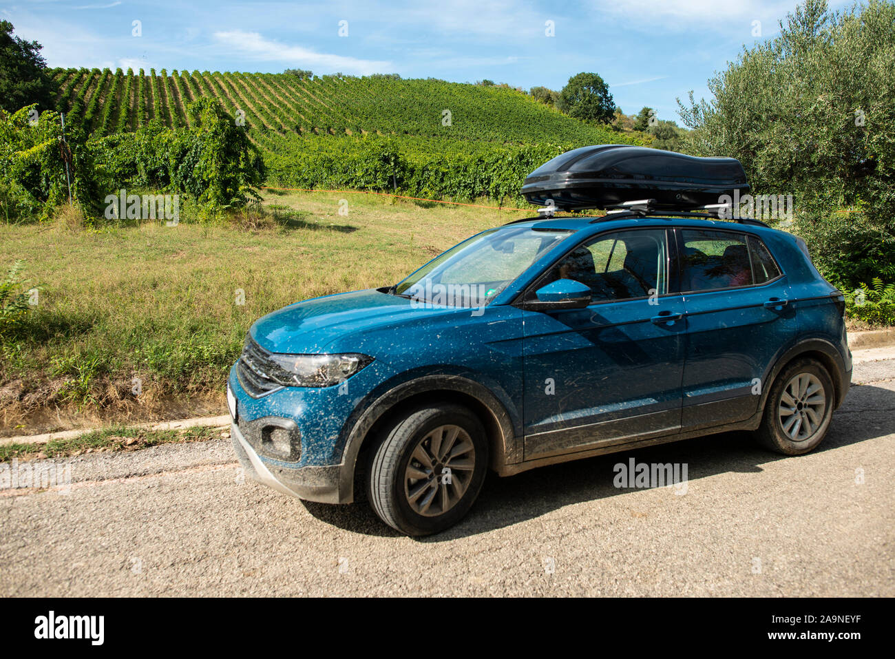 Tourist car in vineyards. Countryside and car with luggage box on top. Rural tourism concept with car and wine grapes on background. Travel concept. Stock Photo