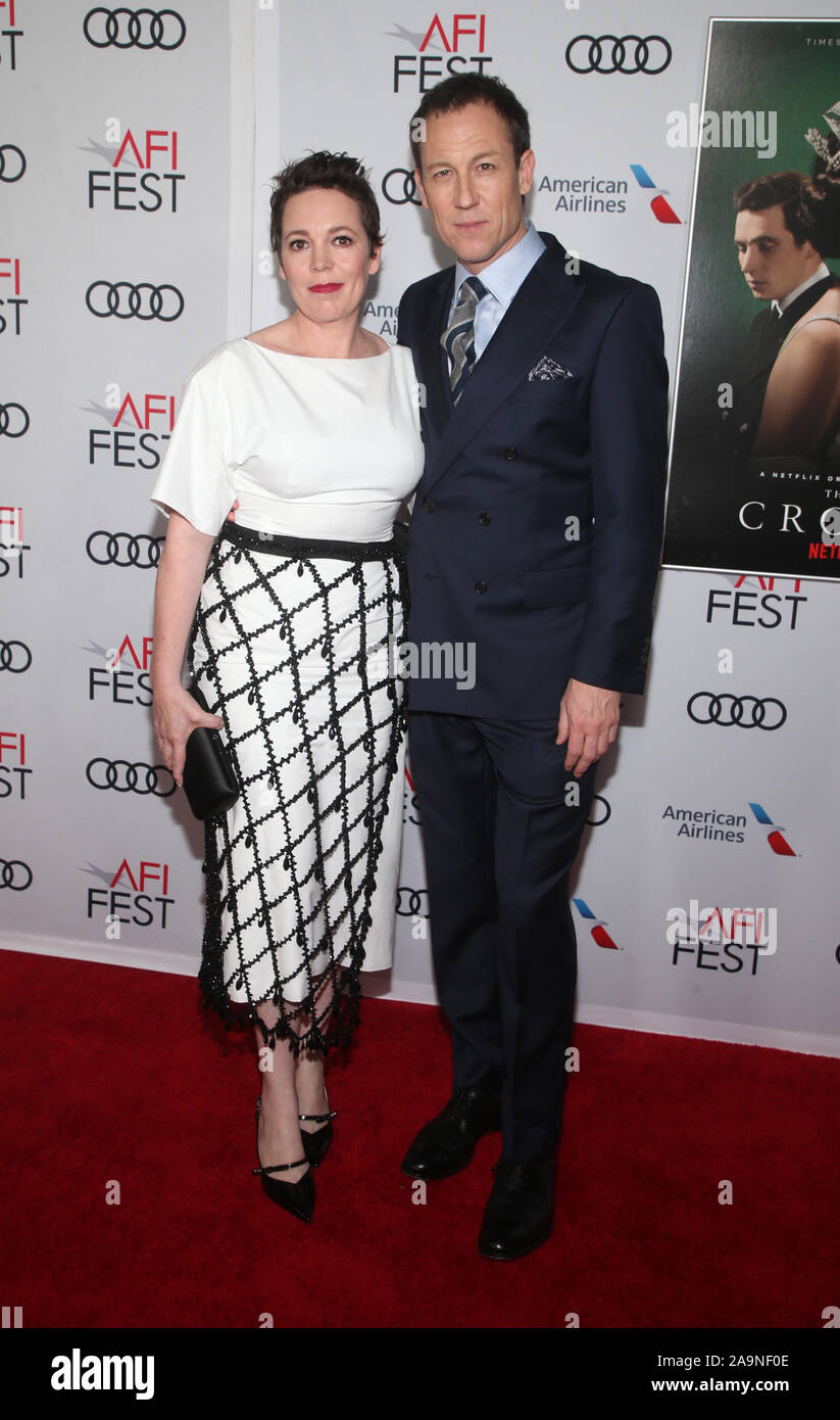 Hollywood, Ca. 16th Nov, 2019. Olivia Colman and Tobias Menzies at The