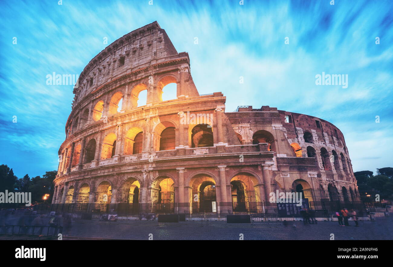 Colosseum in Rome, Italy - Long exposure shot. The Rome Colosseum was built in the time of Ancient Rome in the city center. It is the main travel dest Stock Photo