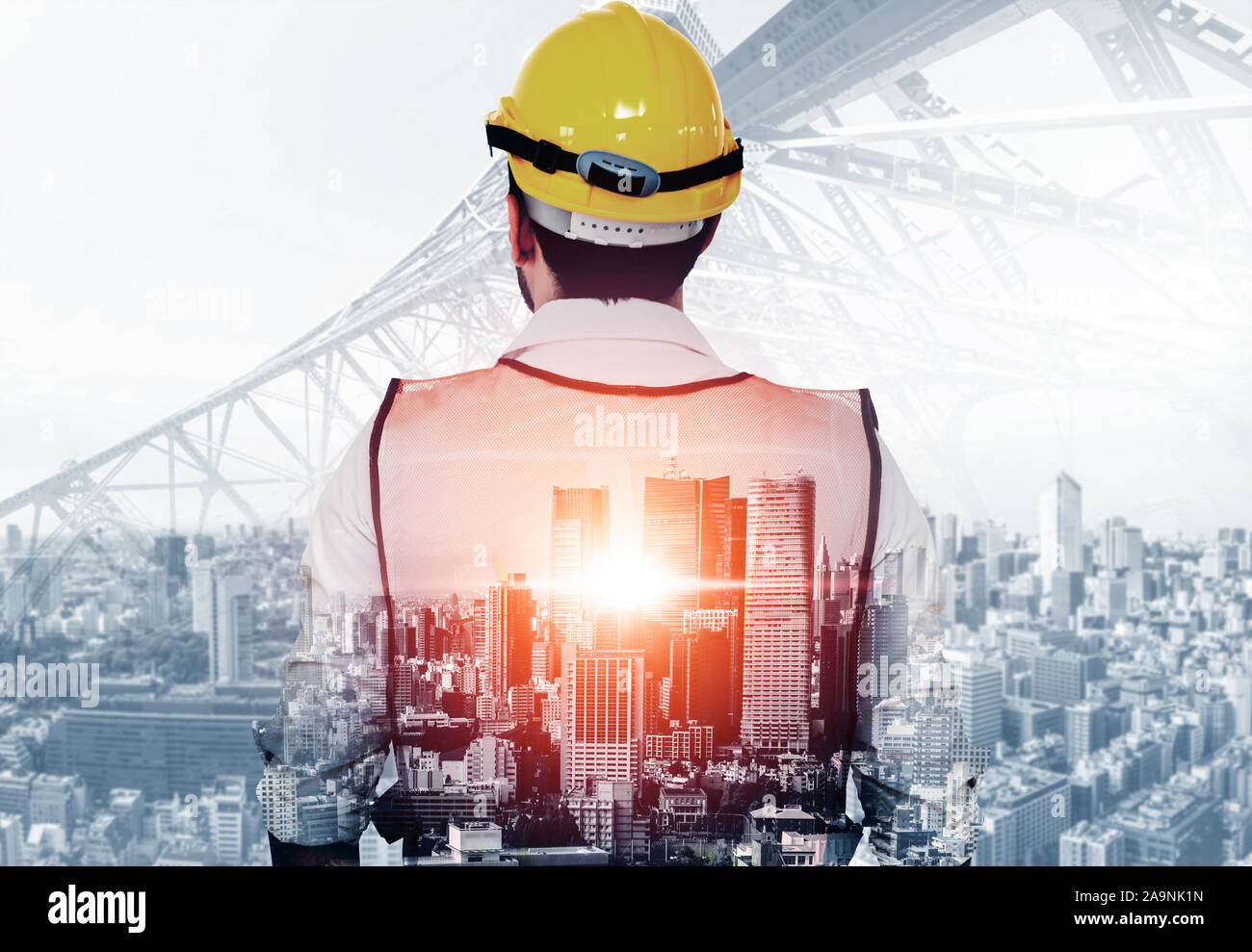 Future building construction engineering project concept with double