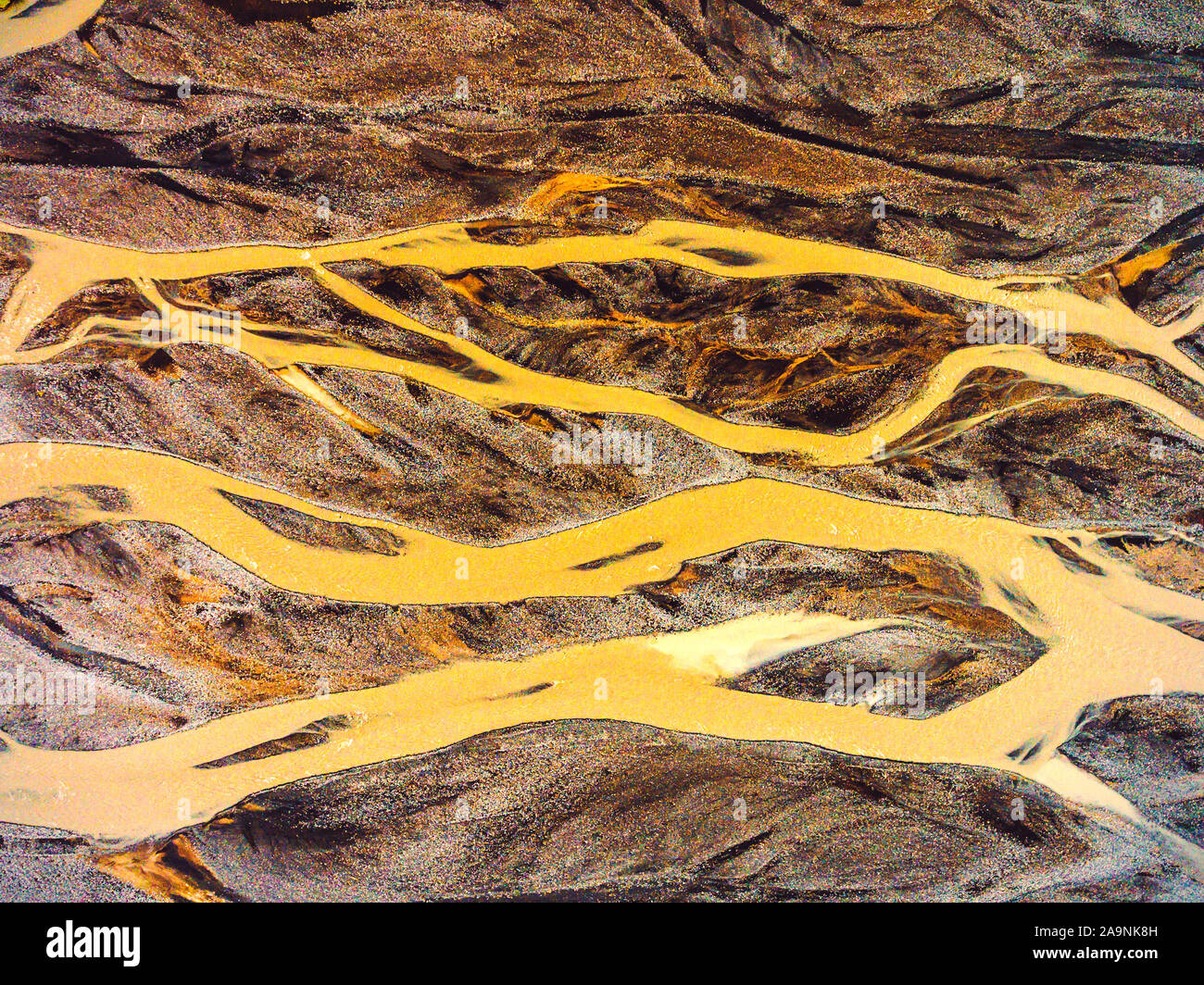 Aerial landscape top view of glacier river in highland of Iceland
