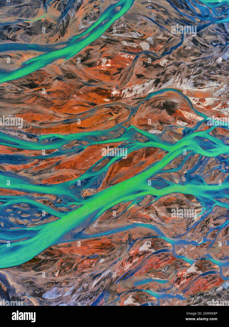 Aerial landscape top view of glacier river in highland of Iceland