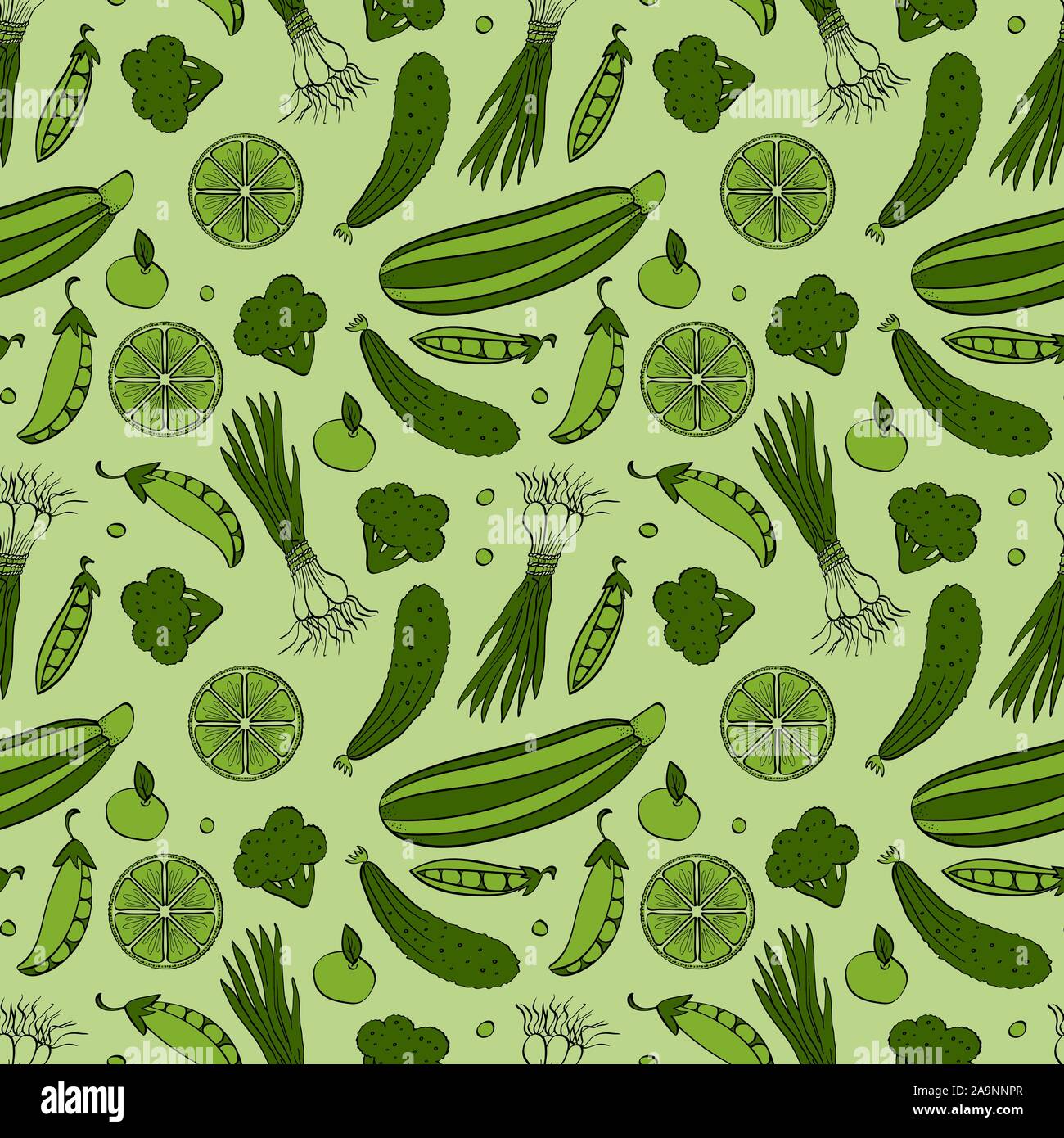 Seamless pattern with green hand drawn vegetables and fruits. Outline  colored objects on green background. Vector illustartion Stock Vector Image  & Art - Alamy